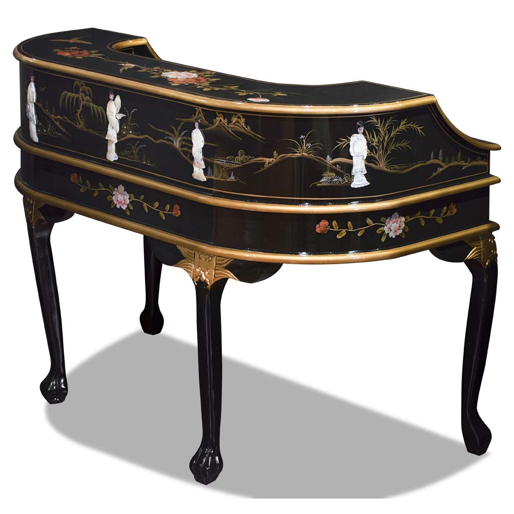 Elegant Black Lacquer Oriental Desk Set with Mother of Pearl Inlay - Harpsichord Style Writing Desk for Home Office & Study Room Decor