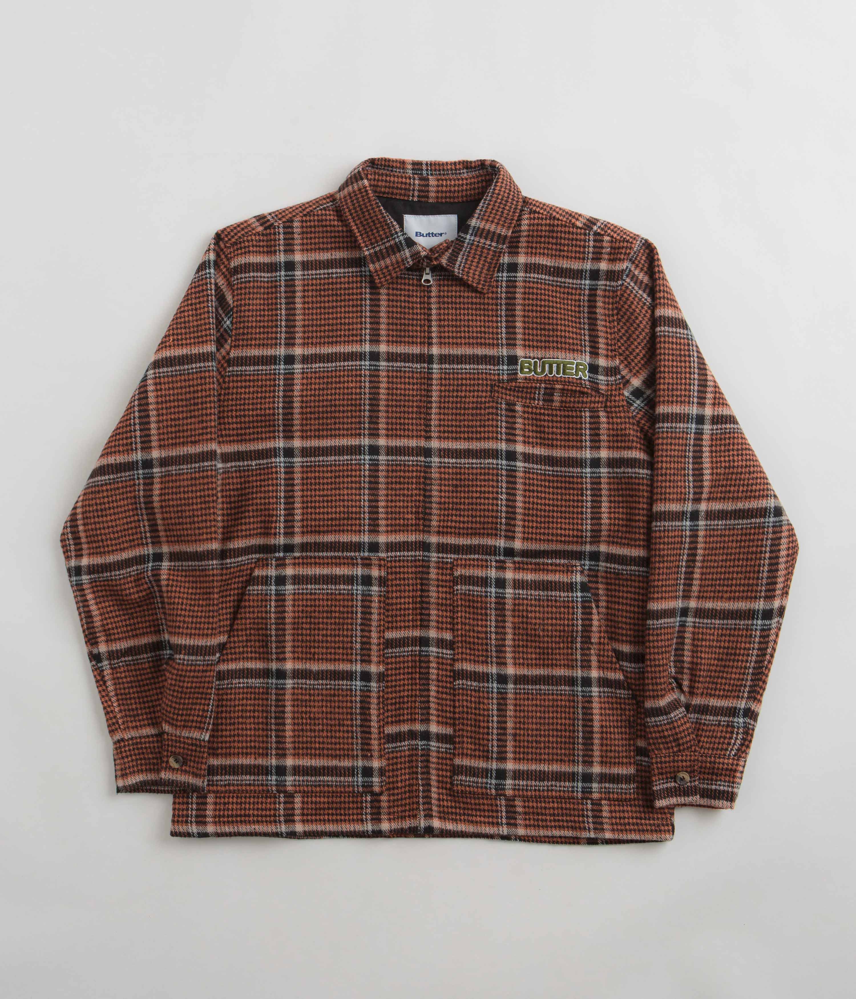 Butter Goods Dougie Plaid Overshirt for Men - Rust, Black & White Checkered Flannel Shirt Jacket - Casual Layering for Fall & Winter Outdoor Activities