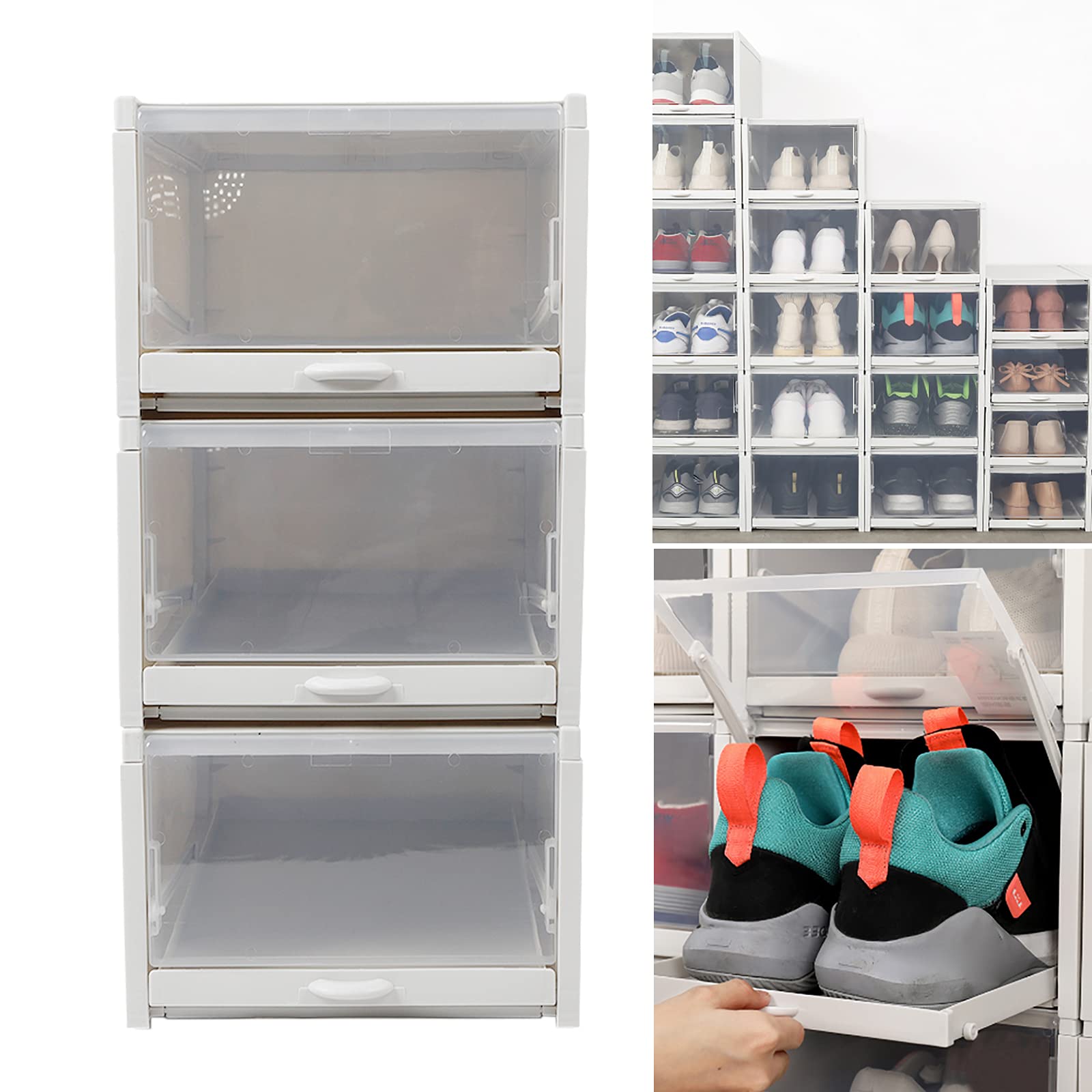 3 Pack Clear Plastic Stackable Shoe Storage Boxes - Foldable Drawer Organizer Bins for Sneakers & Shoes | Space-Saving Closet & Underbed Storage Solution