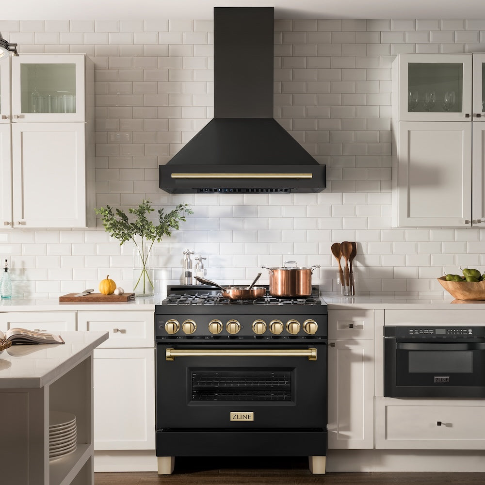 ZLINE Autograph Edition 36-inch Black Stainless Steel Dual Fuel Range with Range Hood - Polished Gold Accents (2AKP RABRH36 G) | Professional Kitchen Package for Home Chefs & Cooking Enthusiasts | Perfect for Modern Kitchens & Gourmet Cooking