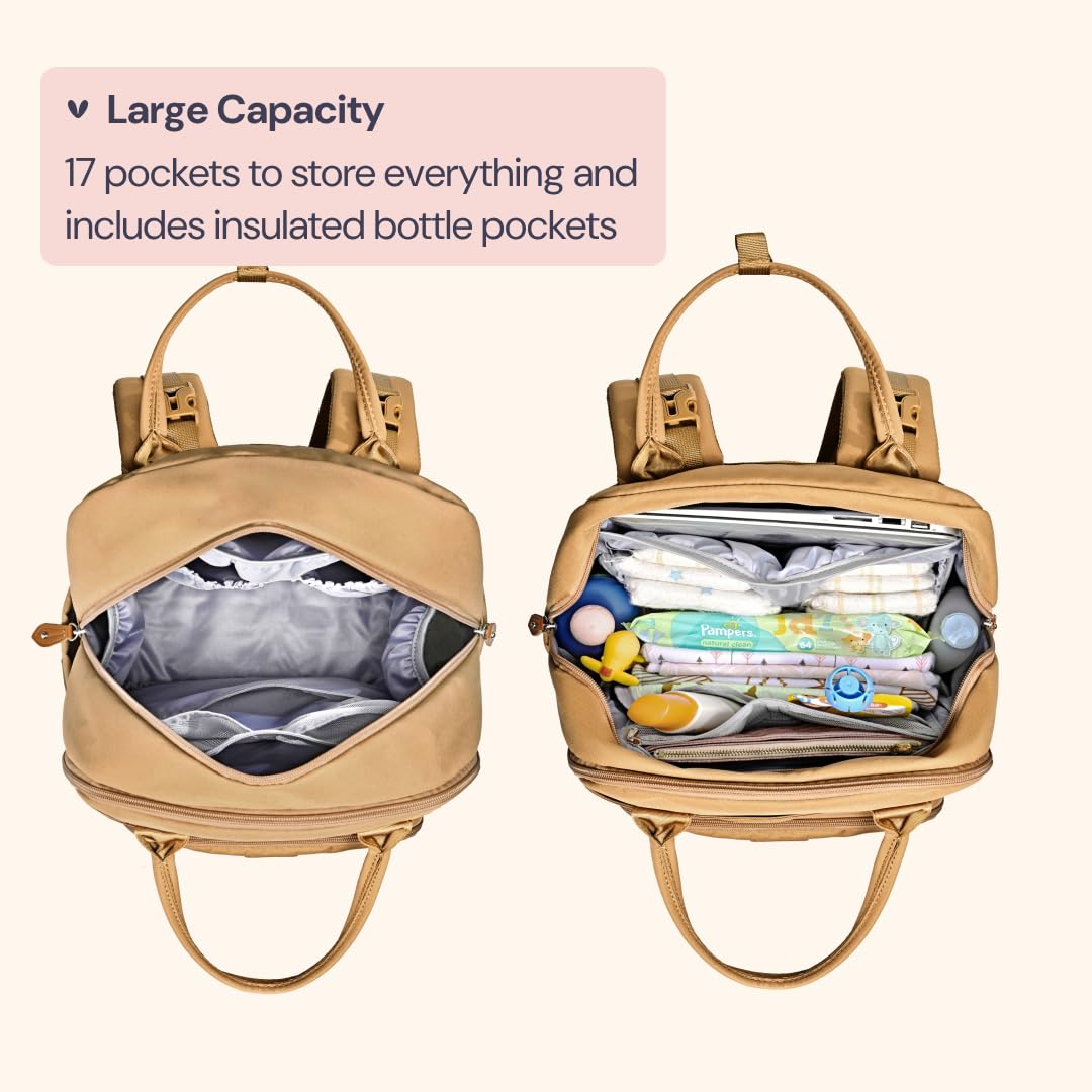 BabbleRoo Waterproof Diaper Backpack - Multifunctional Baby Travel Bag with Changing Pad, Stroller Straps & Pacifier Case | Unisex Beige Diaper Tote for Parents | Perfect for Daycare, Travel & On-the-Go Parenting