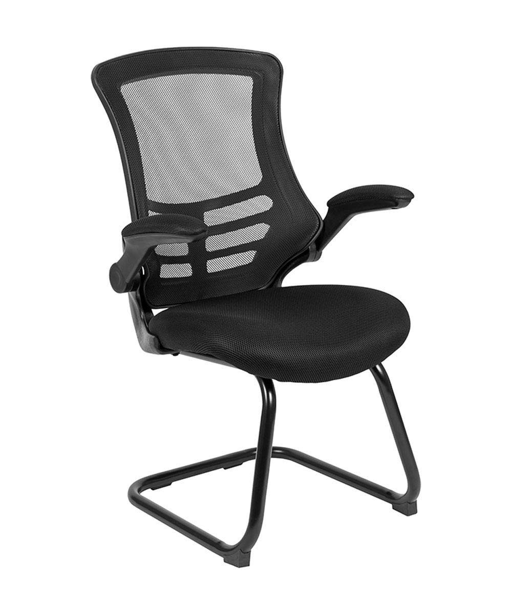 Flash Furniture Kelista Black Mesh Sled Base Side Reception Chair with Flip-Up Arms - Ergonomic Office Guest Seating for Lobby, Waiting Room & Conference Areas