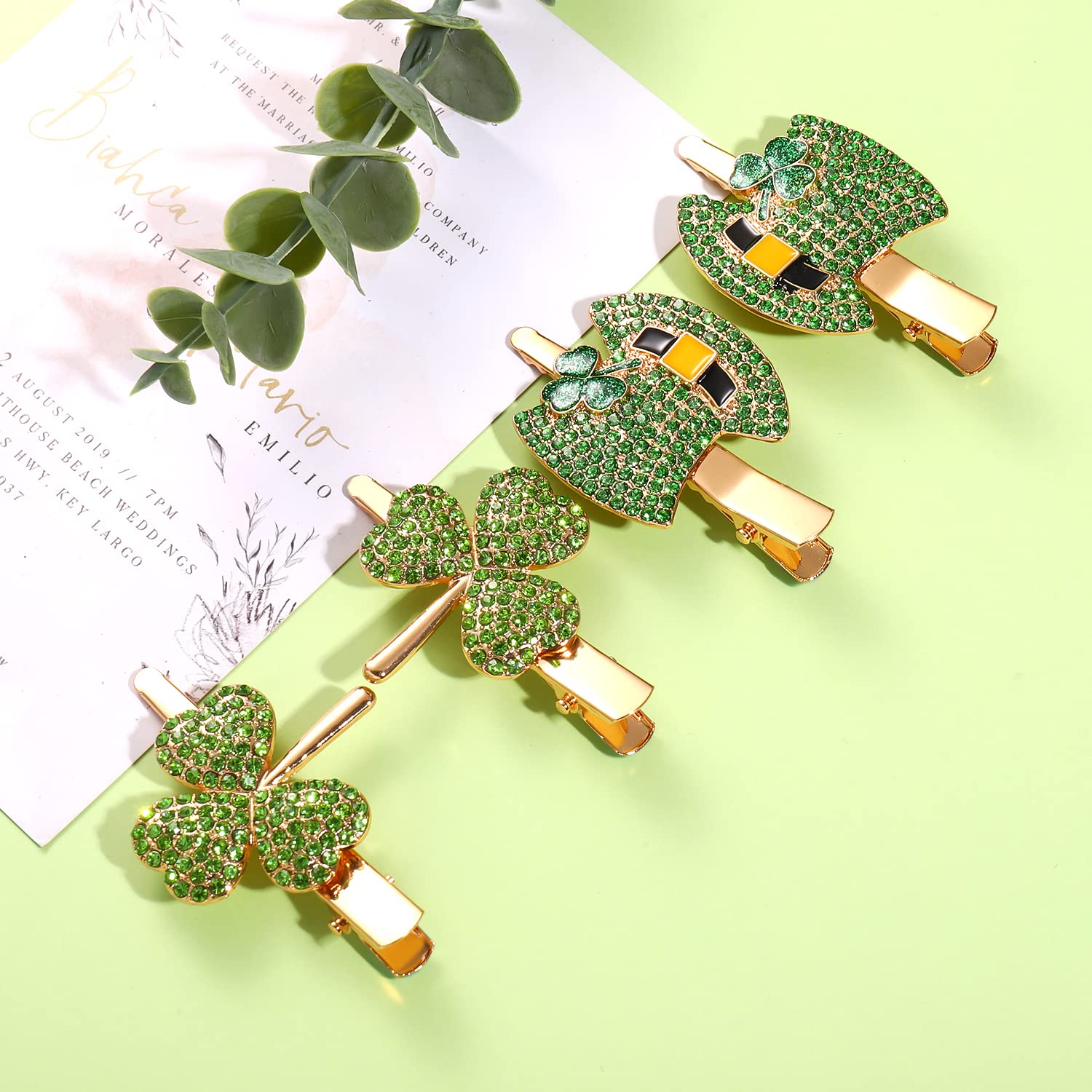 **St. Patrick's Day Hair Clips for Women & Girls – Rhinestone Shamrock Hair Accessories, Green Irish Lucky Clove & Leprechaun Top Hat Charms – Perfect for St. Patrick's Day Parties, Costumes & Festive Celebrations**