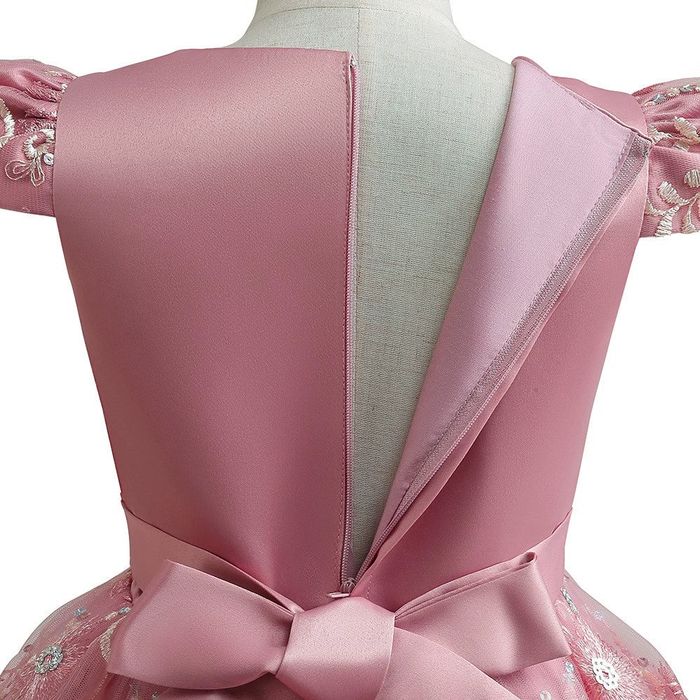 Pink Princess Round Floor Length Satin Flower Girl Dress for Weddings, Pageants & Special Occasions