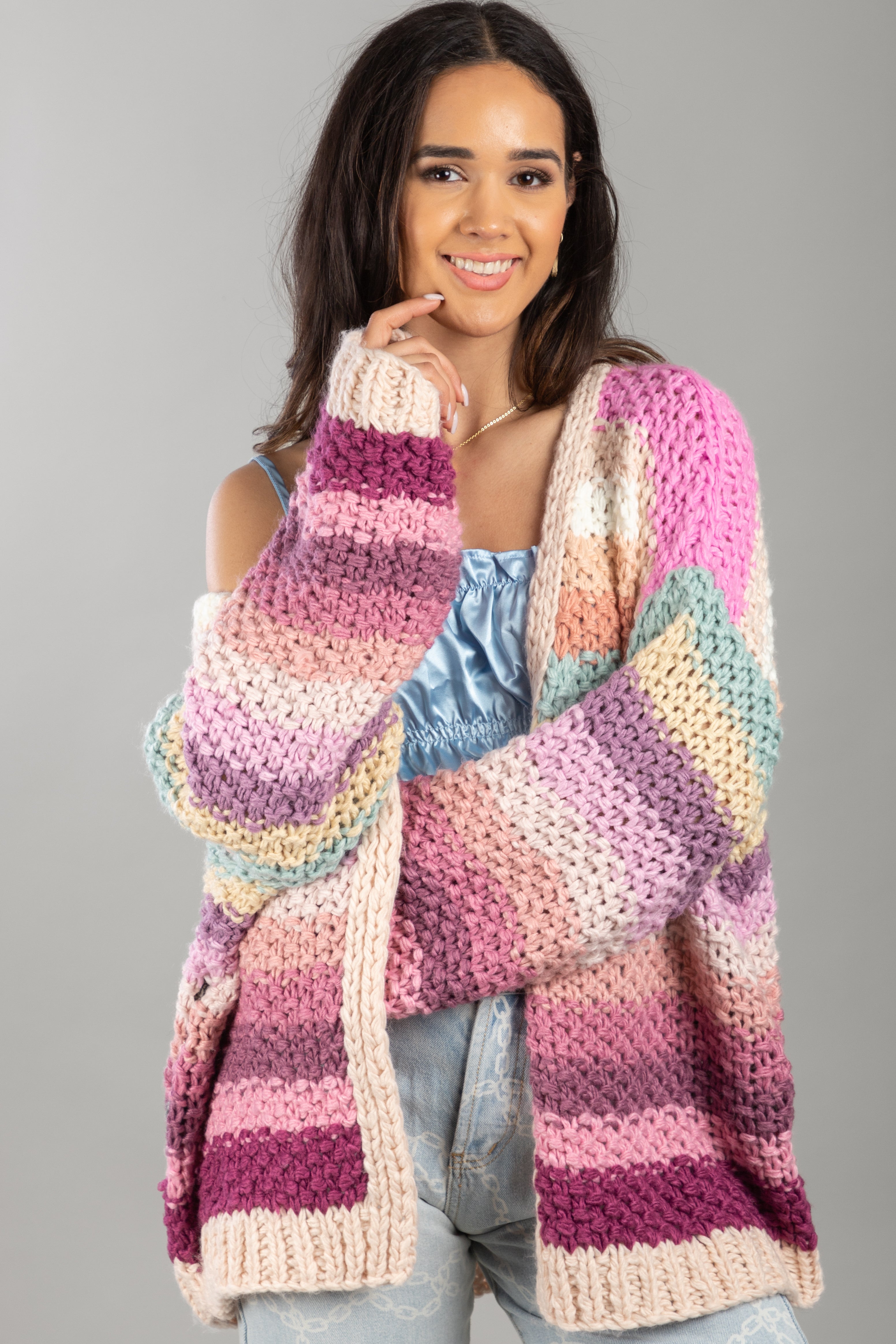 Rainbow Knitted Cardigan for Women - Soft Cozy Oversized Sweater - Perfect for Fall, Winter & Spring - Office, Casual & Home Wear