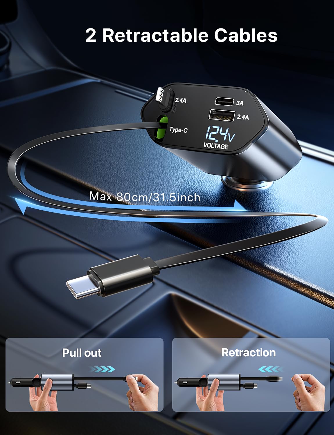 Fast Charging Retractable Car Charger - 4-in-1 Dual USB Port Adapter with 31.5