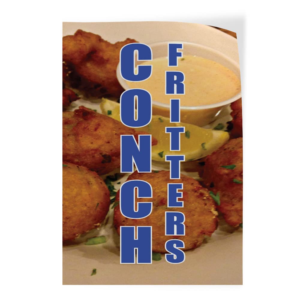Conch Fritters Restaurant Vinyl Door Decals - Vertical Food & Beverage Stickers for Cars, Luggage & Bumpers - Multiple Sizes (7x10 Inches) - Perfect for Bars, Restaurants & Industrial Use