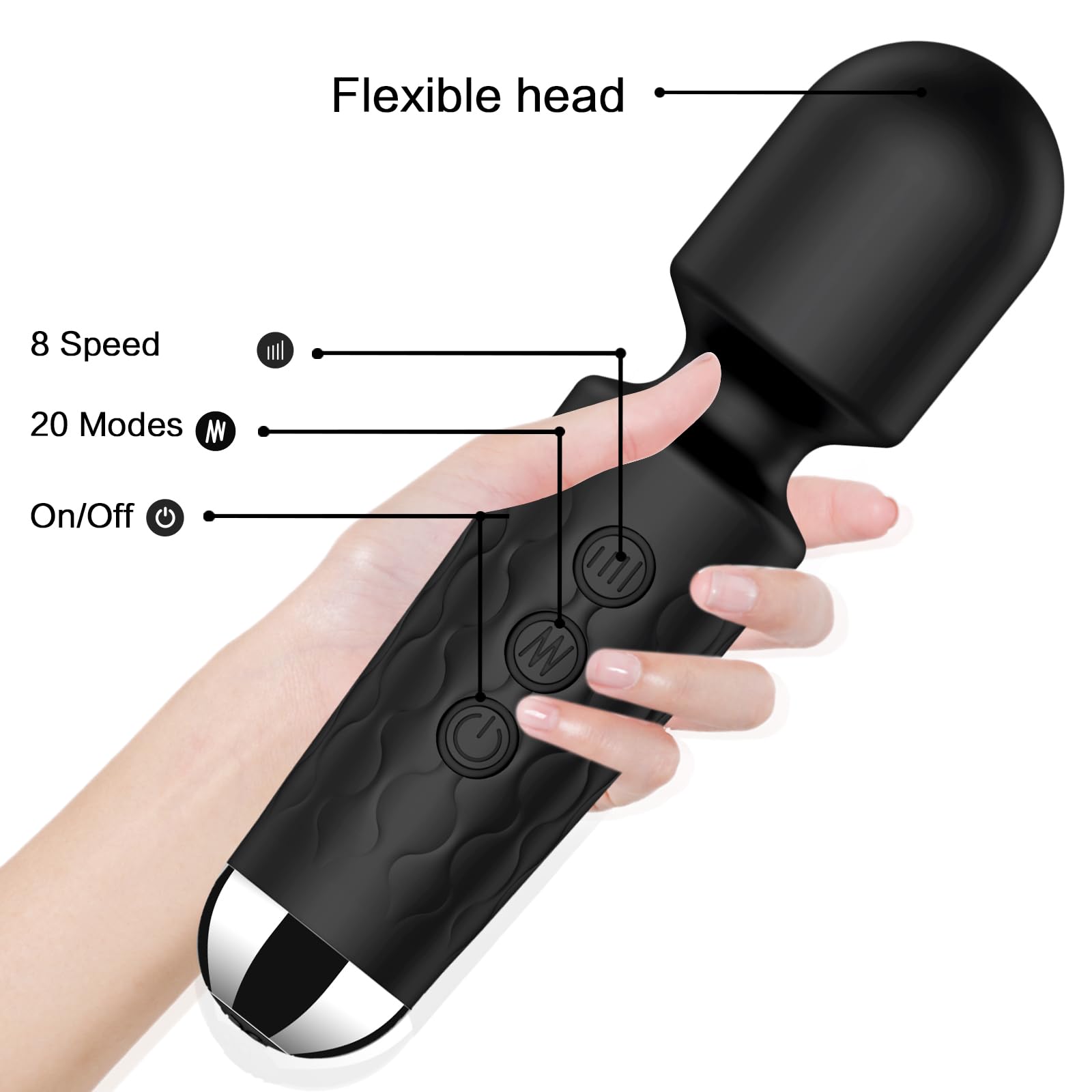 Powerful Mini Wand Vibrator for Women - 20 Patterns & 8 Speeds Clitoral Stimulator, Quiet Rechargeable Sex Toy - Perfect for Solo Play, Couples Intimacy & Sensual Gifts (Black)