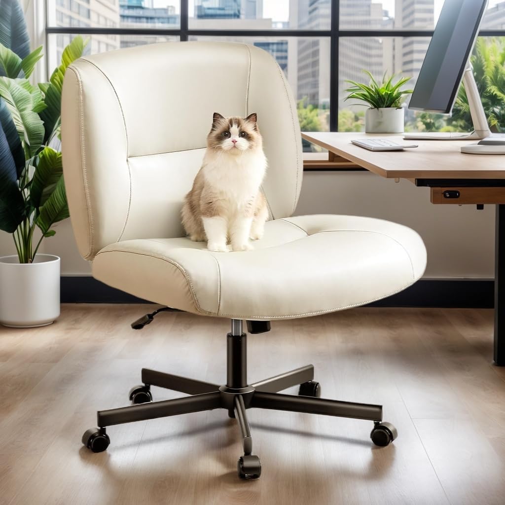 Marsail Criss Cross Chair with Wheels - Wide Mid-Back Armless Office Chair, Scratch-Resistant PVC Leather Cross Legged Desk Chair, Height Adjustable Computer Chair for Home Office - Perfect for Work, Study, and Relaxation