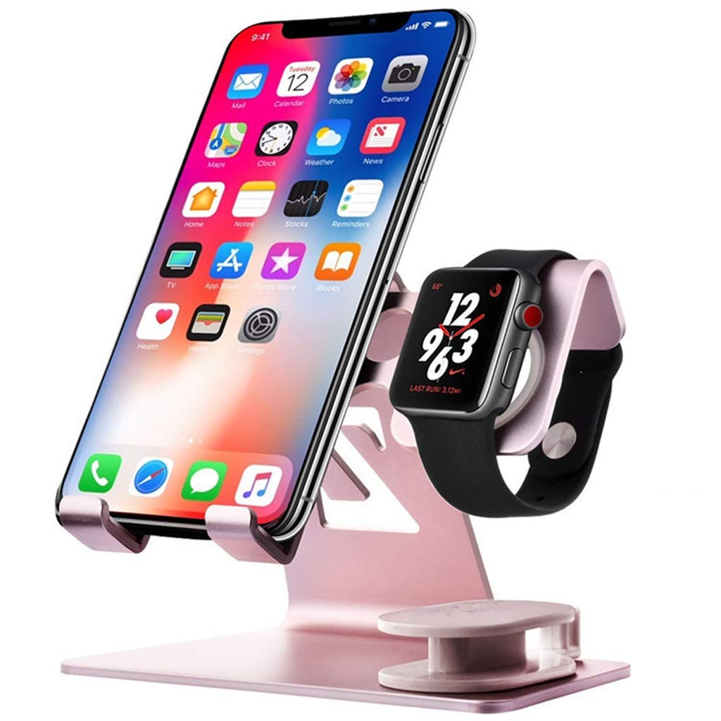 Universal Aluminum Alloy Phone & Watch Stand - 2-in-1 Charging Dock Station for Bedside, Bathroom & Desktop - Pink Smartphone Holder for iPhone, Samsung & More | Perfect for Nightstand, Office & Travel Use