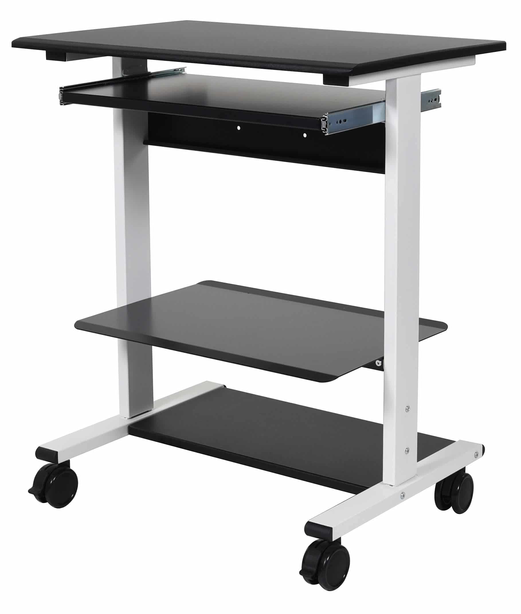 Adjustable Height Standing Desk with Wheels - Mobile Rolling Sit Stand Workstation with Printer Shelf & Slideout Keyboard Tray (White Frame/Black Top, 30