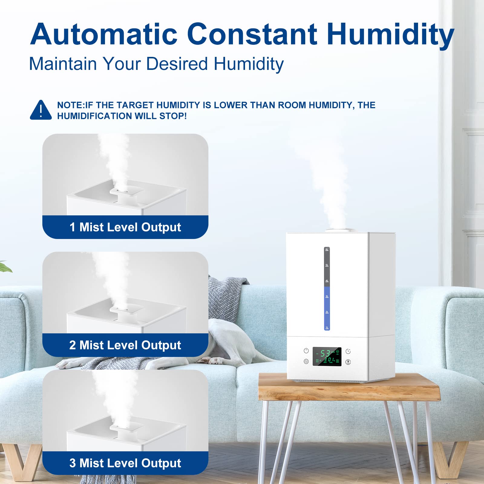 6L Large Room Humidifier for Bedroom, Baby Nursery & Plants - Cool Mist Ultrasonic Humidifier with Essential Oil Diffuser, 360° Rotatable Nozzle, Auto Shut-Off, Smart Control & Top Fill Design - Perfect for Dry Air Relief in Homes, Offices & Dorm Rooms (Easy to Clean)