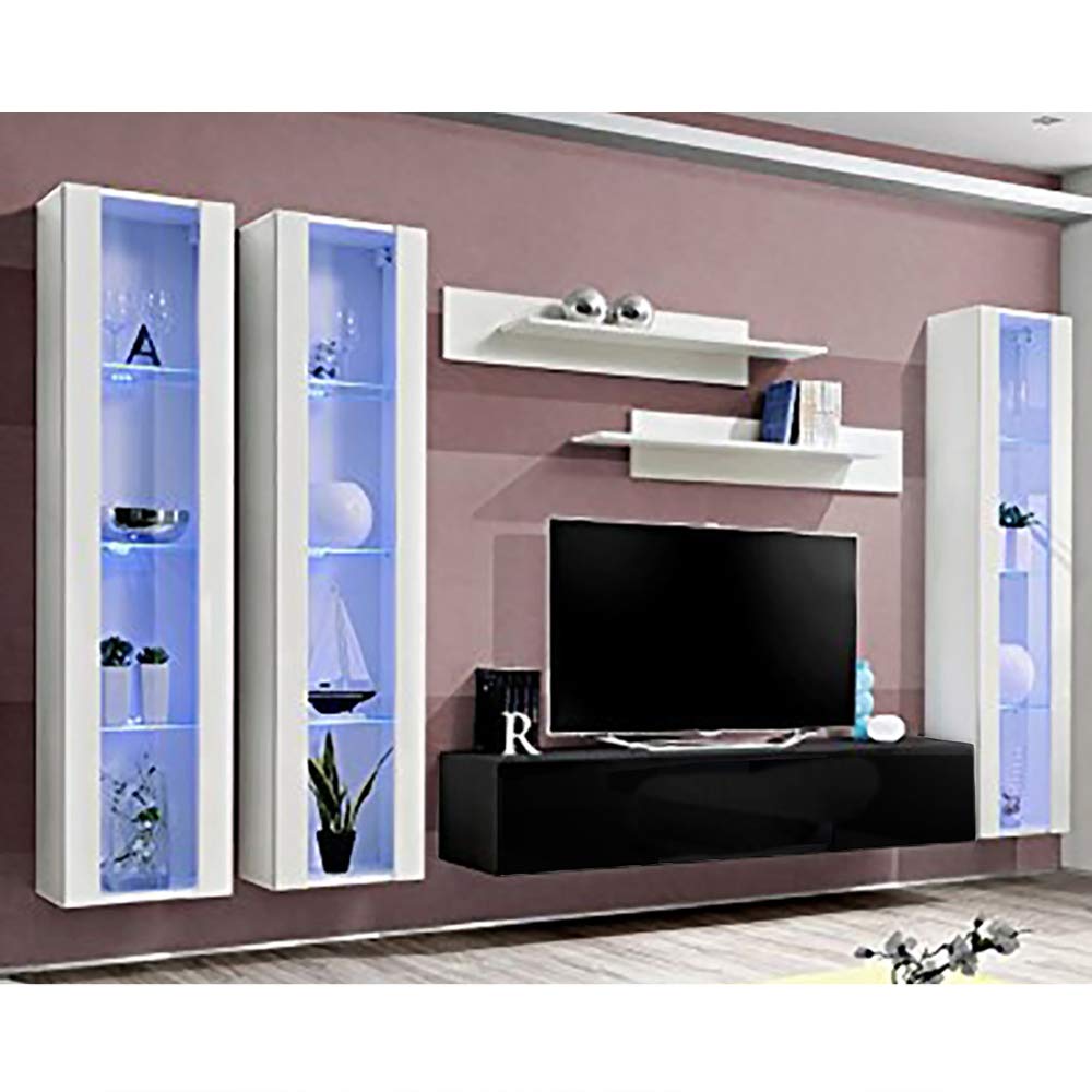 Modern Floating TV Stand with Storage & LED Lights - Wall-Mounted Entertainment Center Console for Bedroom & Living Room - White/Black - Perfect for Small Spaces & Home Theater Setup