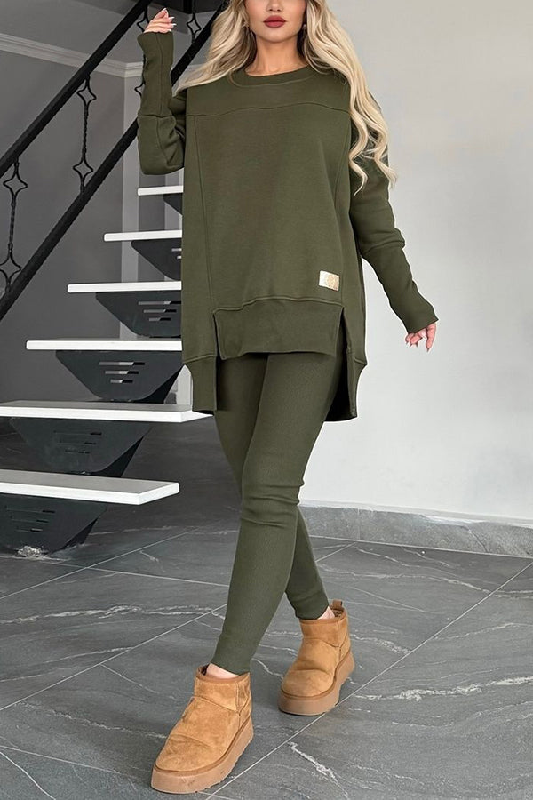 Solid Color Crew Neck Long Sleeve Top & Stretchy Casual Pants Set - Women's Comfortable Lounge Wear for Home, Yoga & Everyday Outfits