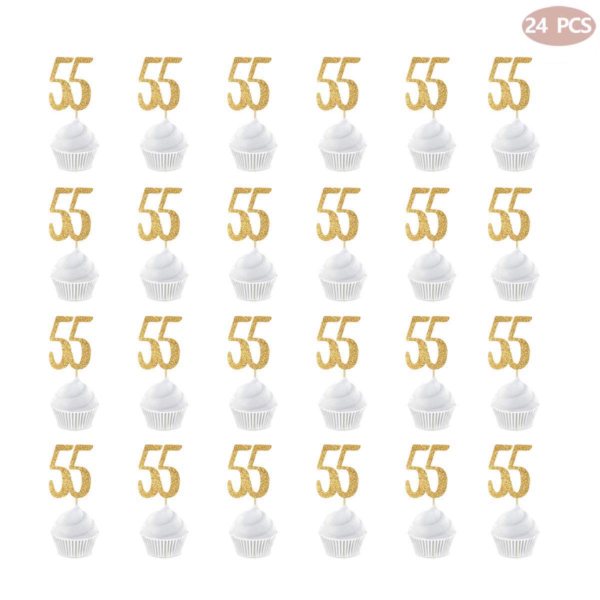 55th Birthday Cupcake Toppers - 24 Pack Gold Glitter Number 55 Cake Toppers for Anniversary, Retirement Party Decorations - Perfect for Milestone Celebrations and Festive Dessert Displays