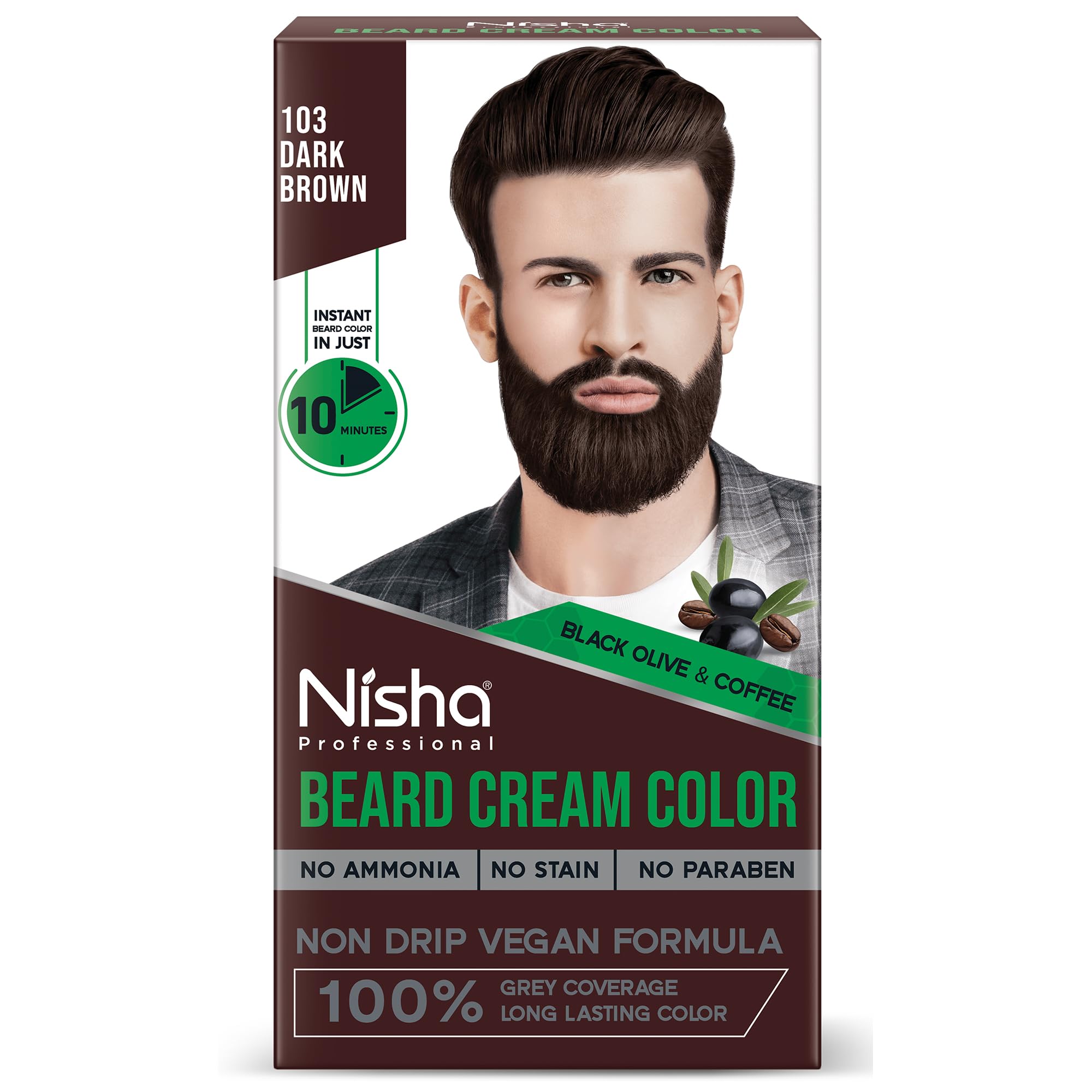 Nisha Beard Color For Men - Dark Brown, 100% Grey Coverage, Ammonia-Free & Paraben-Free, Vegan Formula, No Drip & No Stain, Long Lasting Color in 10 Minutes (60g Colorant + 60g Developer) - Perfect for Home Use, Quick Touch-Ups & Professional Results - Ideal for Daily Grooming, Special Occasions & Maintaining a Polished Look