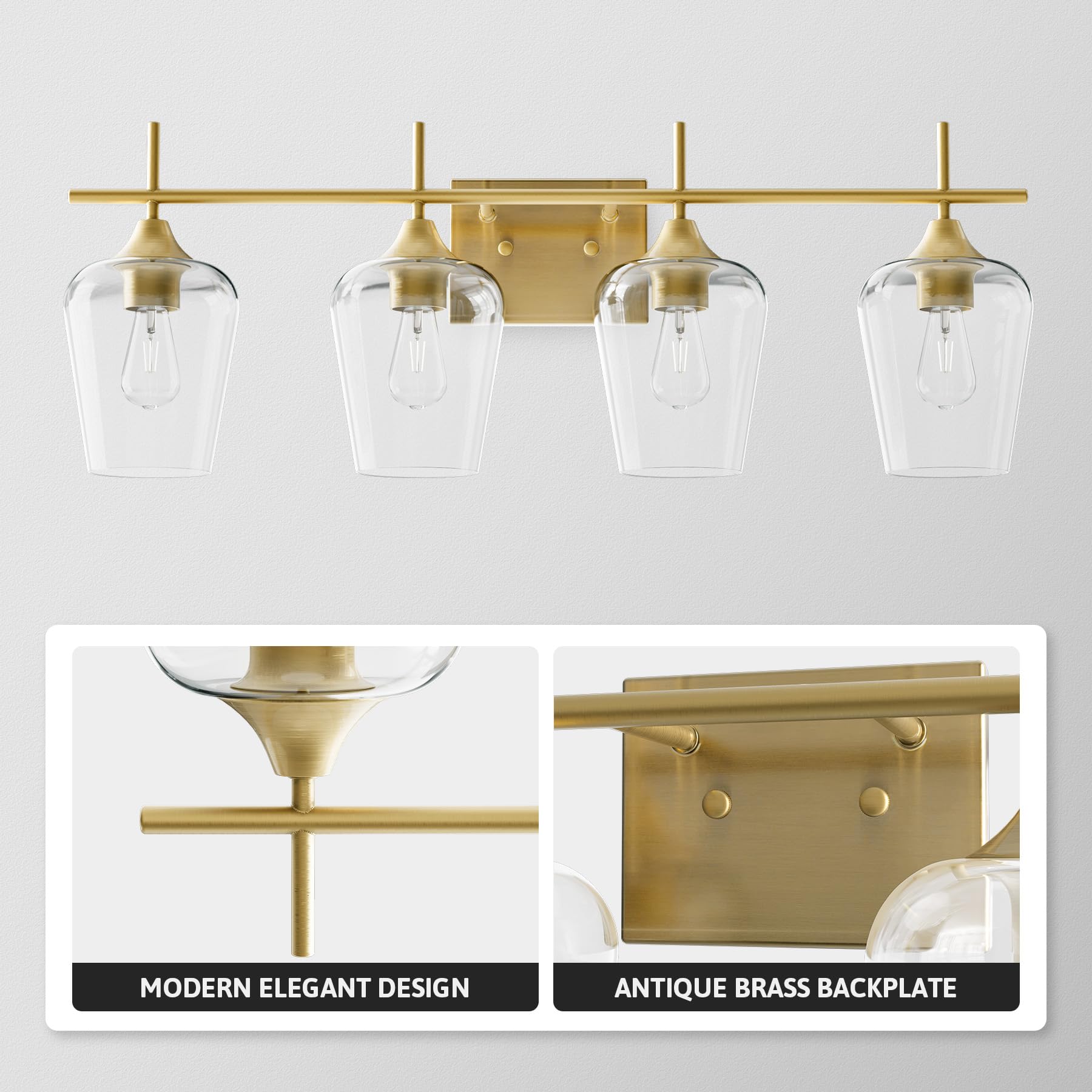 VONLUCE 4-Light Modern Bathroom Vanity Light Fixture with Clear Glass - Brushed Gold Wall Sconce for Mirror Lighting, Perfect for Bathroom, Bedroom, Hallway & Kitchen Decor