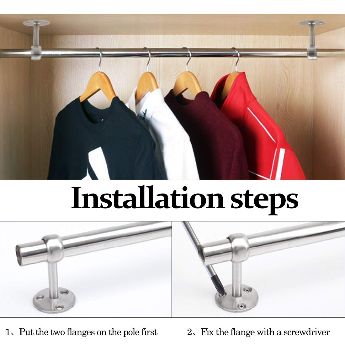 8-Piece 1-1/4 Inch Stainless Steel Shower Curtain Rod Holders - Ceiling Mount Brackets for Closet Poles & Pipe Flange Sockets - Brushed Finish - Perfect for Bathroom, Closet & Home Organization
