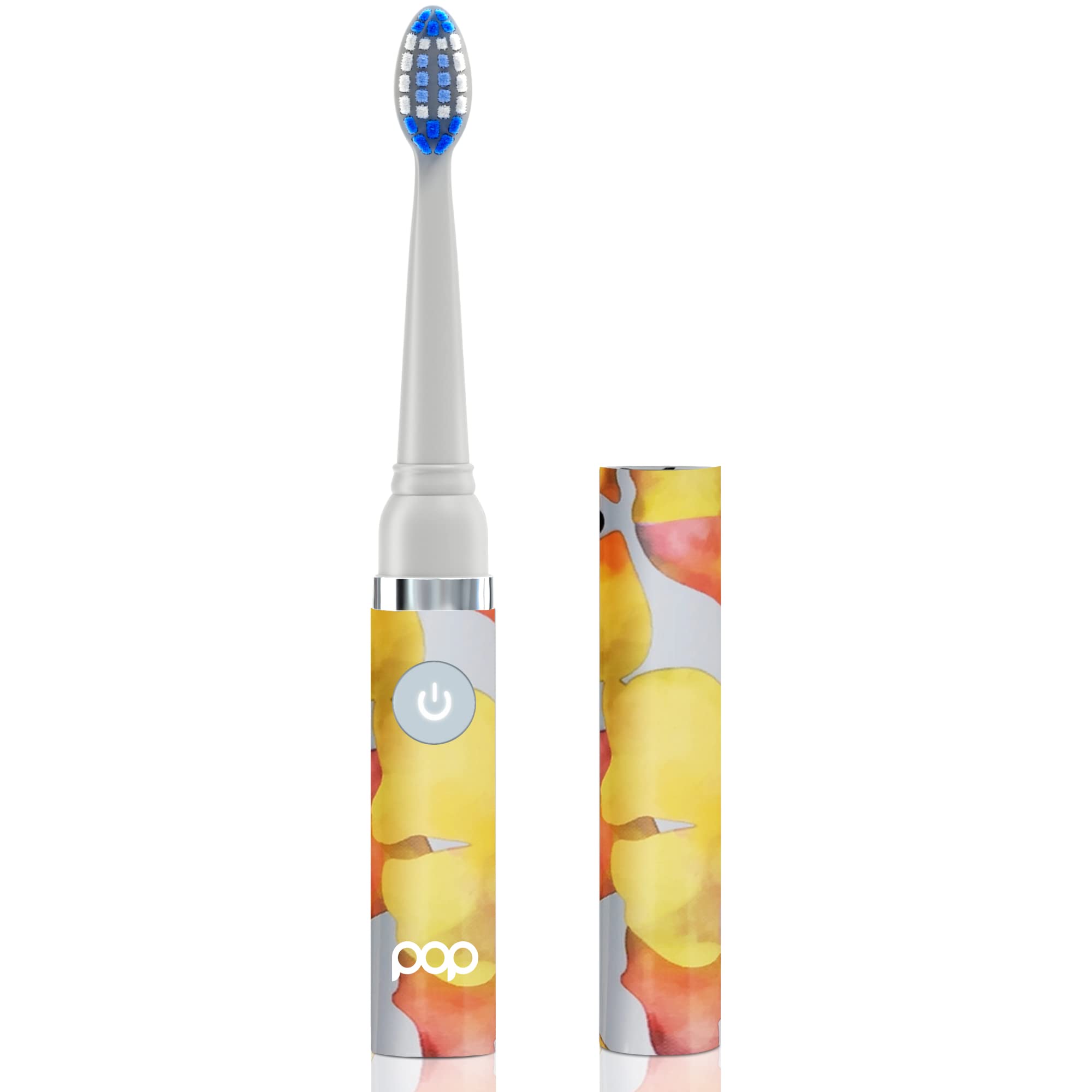 Pop Sonic Electric Toothbrush for Kids & Travel - 2 Speed Modes (15,000-30,000 RPM), DuPont Nylon Bristles, Battery Powered (Orange Watercolor Design) - Perfect for Home, School & Vacation Use