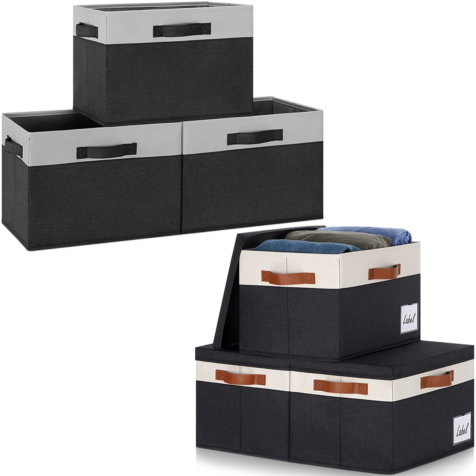 Sturdy Fabric Storage Bins with Lid (6-Pack) - Large Closet Organizer Boxes with 3 Handles & Label Window - Perfect for Home, Bedroom, Office & Kids' Toy Storage (Black, 15