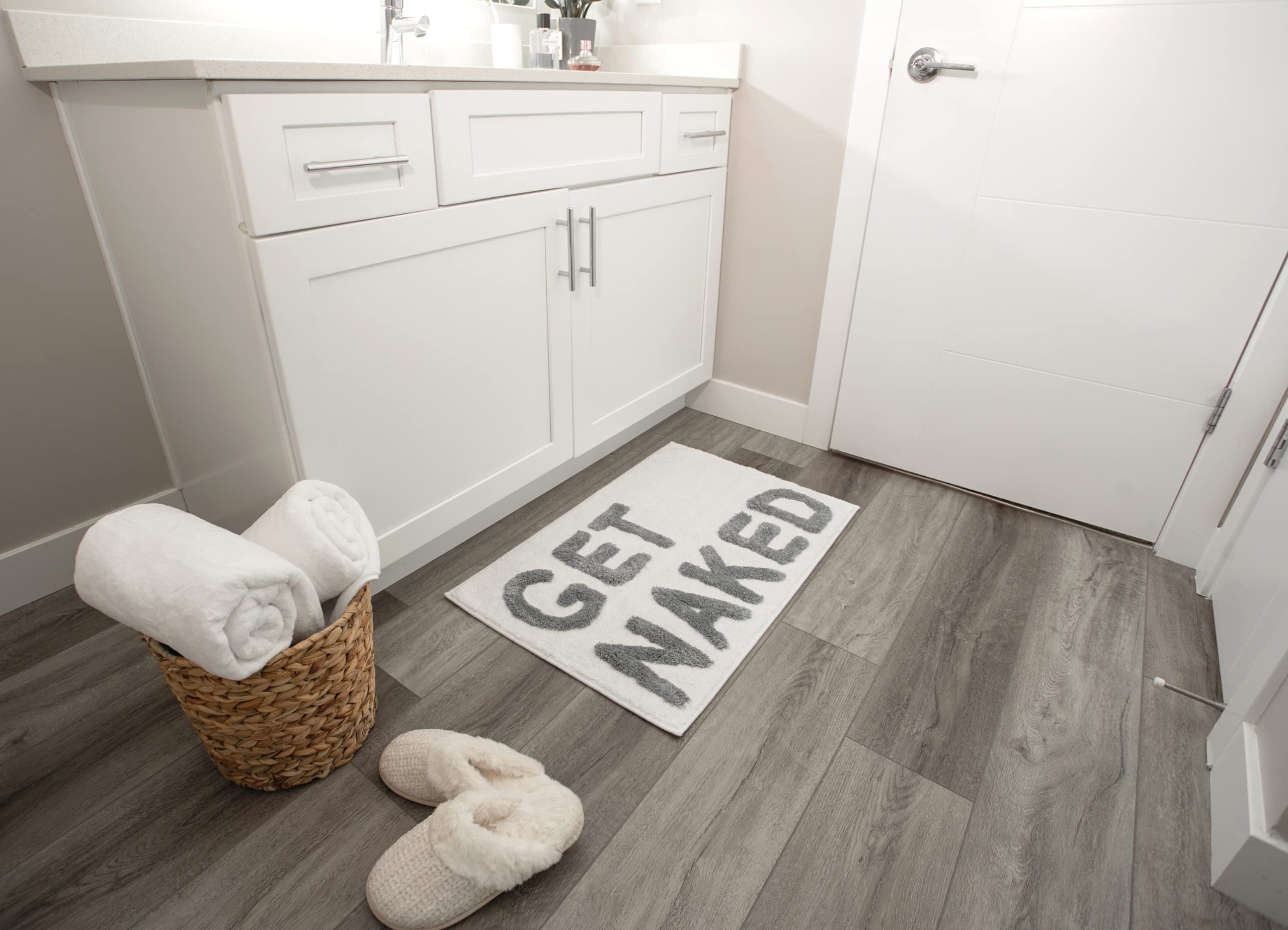 LABEND HOME Funny Peach Bathroom Decor - Get Naked Bath Mat & Shower Curtain Set - Cute Non-Slip Washable Bath Rug - Bathroom Accessories for Humor Lovers - Perfect for Spa, Guest Bathroom or Gift Idea (White)
