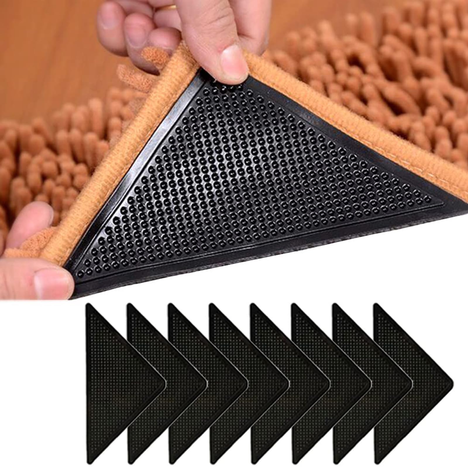 HALLEAST Double-Sided Non-Slip Rug Pad Tape - 8pc Black Washable & Reusable Carpet Tape for Hardwood, Tile Floors, Area Rugs & Floor Mats - Prevents Curling & Secures Rugs to Walls - Perfect for Home, Office & High-Traffic Areas