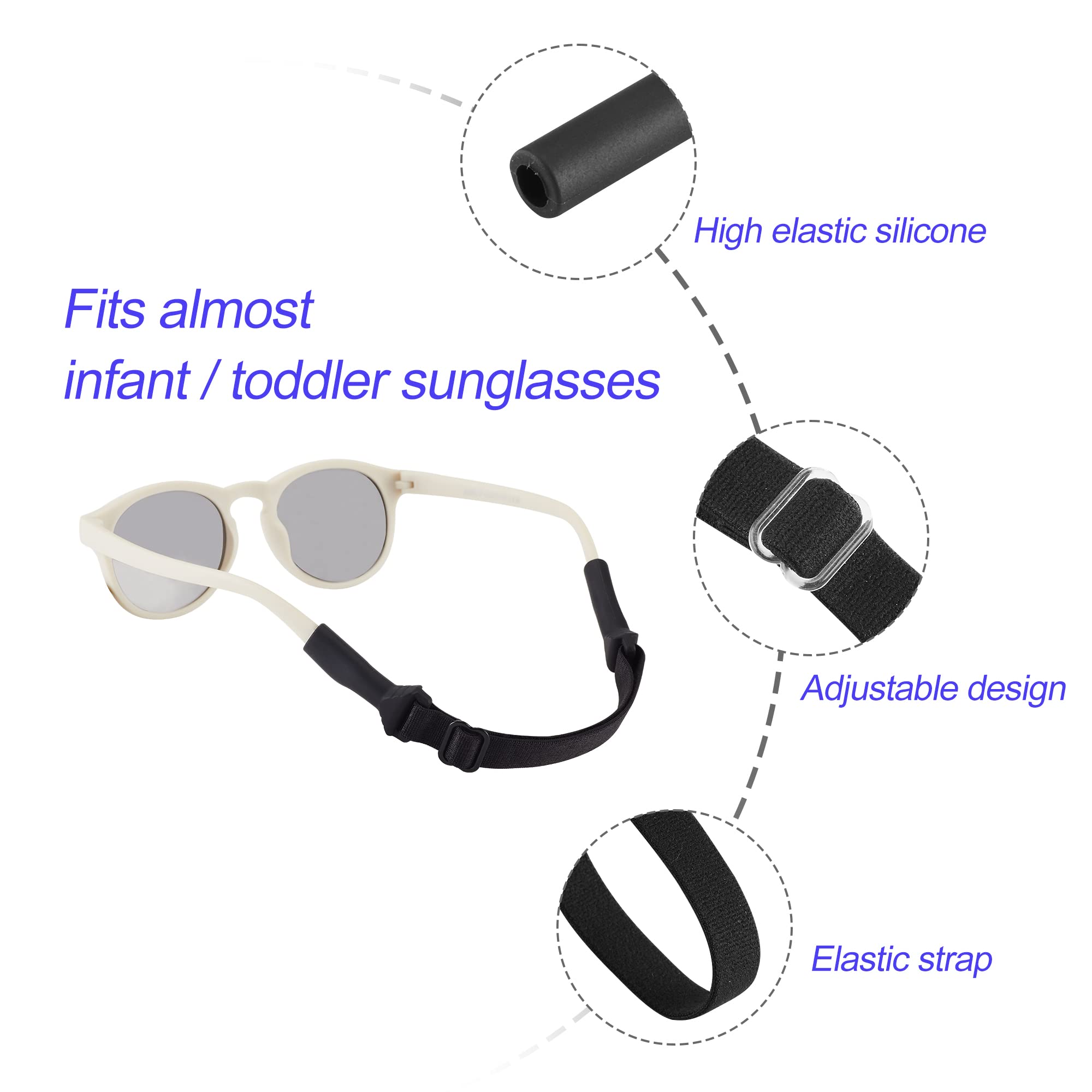 LVVFit Adjustable Baby Glasses Straps (5-8 Inch) - 4 Pack Black Eyewear Retainers for Toddlers & Infants 0-3 Years - Sports Sunglasses & Eyeglasses Holder for Boys & Girls - Perfect for Outdoor Play, Swimming & Active Kids