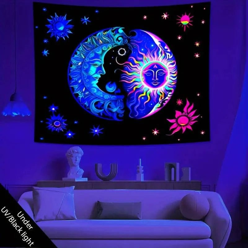 Sun Moon Official Glow in the Dark UV Tapestry Wall Art - Celestial Decor for Bedroom, Dorm Room & Meditation Space