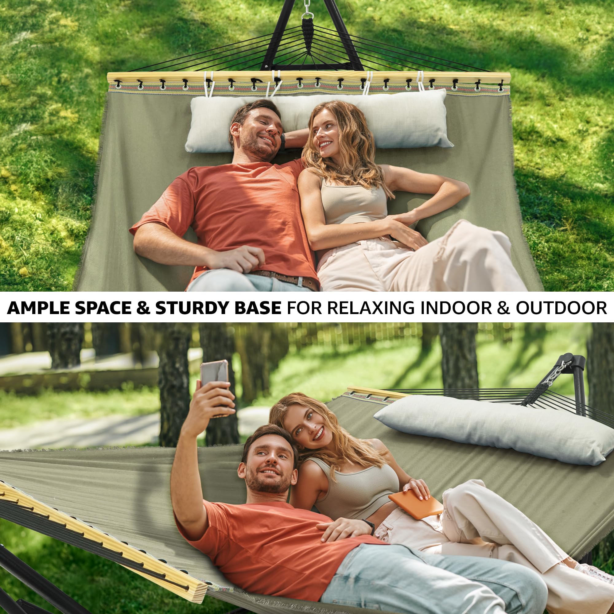 Premium 800 lbs Capacity Steel Double Hammock Stand for 2 Persons - Adjustable Tranquillo Unity Hammock Stand for Indoor & Outdoor Use - Perfect for Backyard Relaxation, Camping & Patio Lounging (Sage Green)