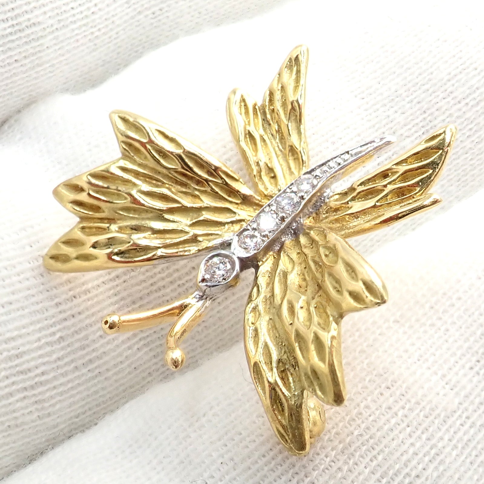 Authentic Tiffany & Co 18k Yellow Gold Platinum Butterfly Diamond Pin Brooch - Elegant Jewelry Gift for Women, Perfect for Weddings, Anniversaries & Special Occasions