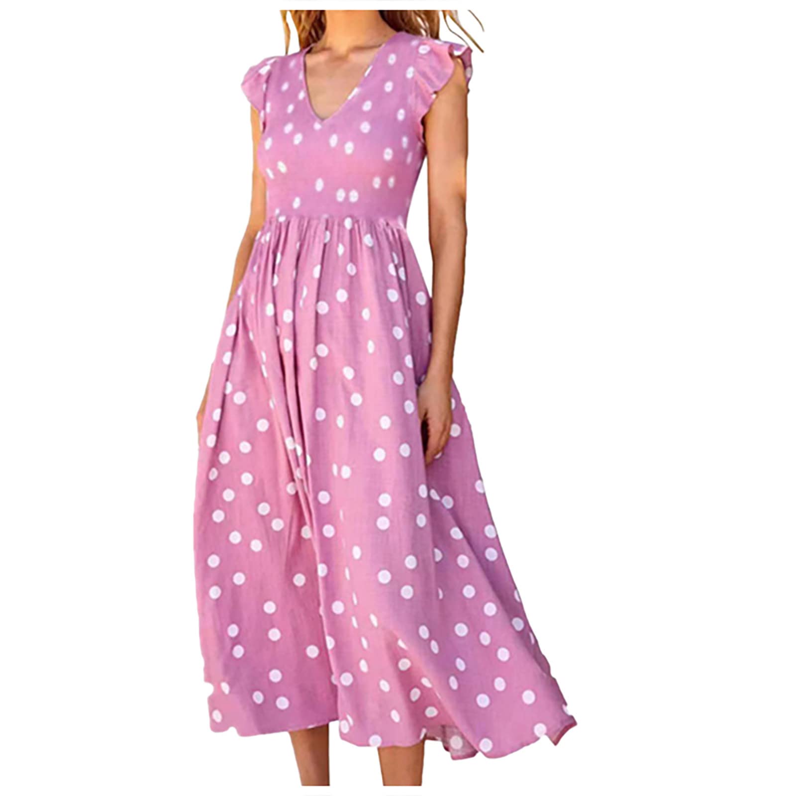 HUDHUT Women's Polka Dot Midi Dress - Summer Wedding Guest Dress, Casual Loose Swing Short Sleeve V-Neck Dress for Parties, Brunch & Date Night