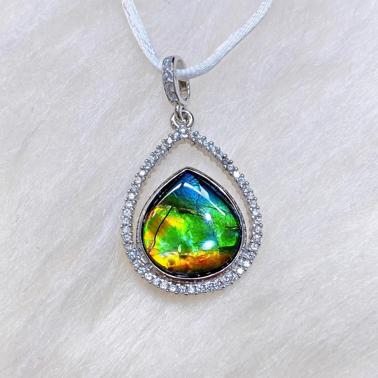 Elegant Sterling Silver Teardrop Ammolite Pendant with Genuine Swarovski Crystals | Handcrafted Jewelry for Women | Perfect Gift for Birthday, Anniversary & Special Occasions