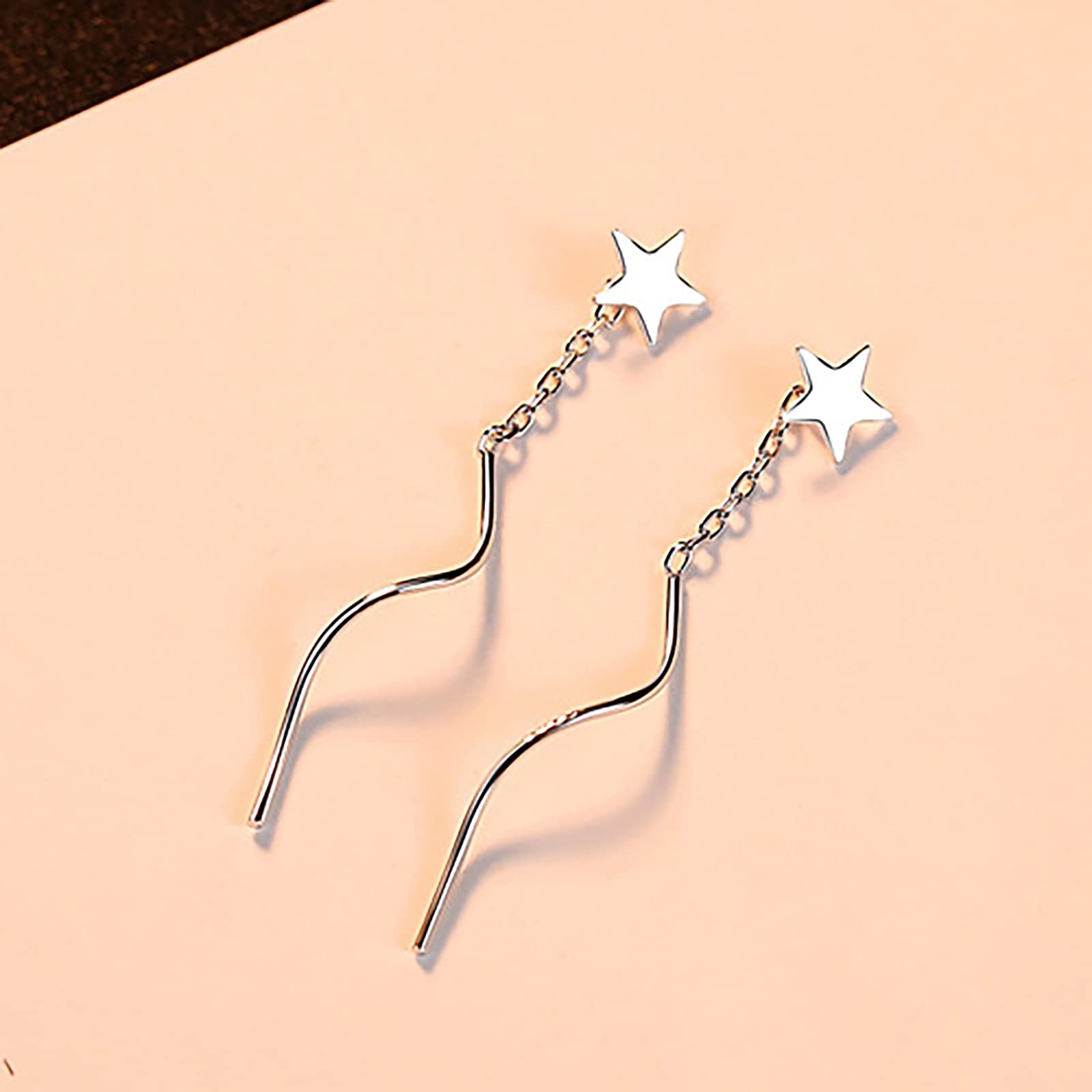 925 Sterling Silver Star Threader Tassel Dangle Drop Earrings for Women - Elegant Curved Chain Design for Party, Date Night & Special Occasions