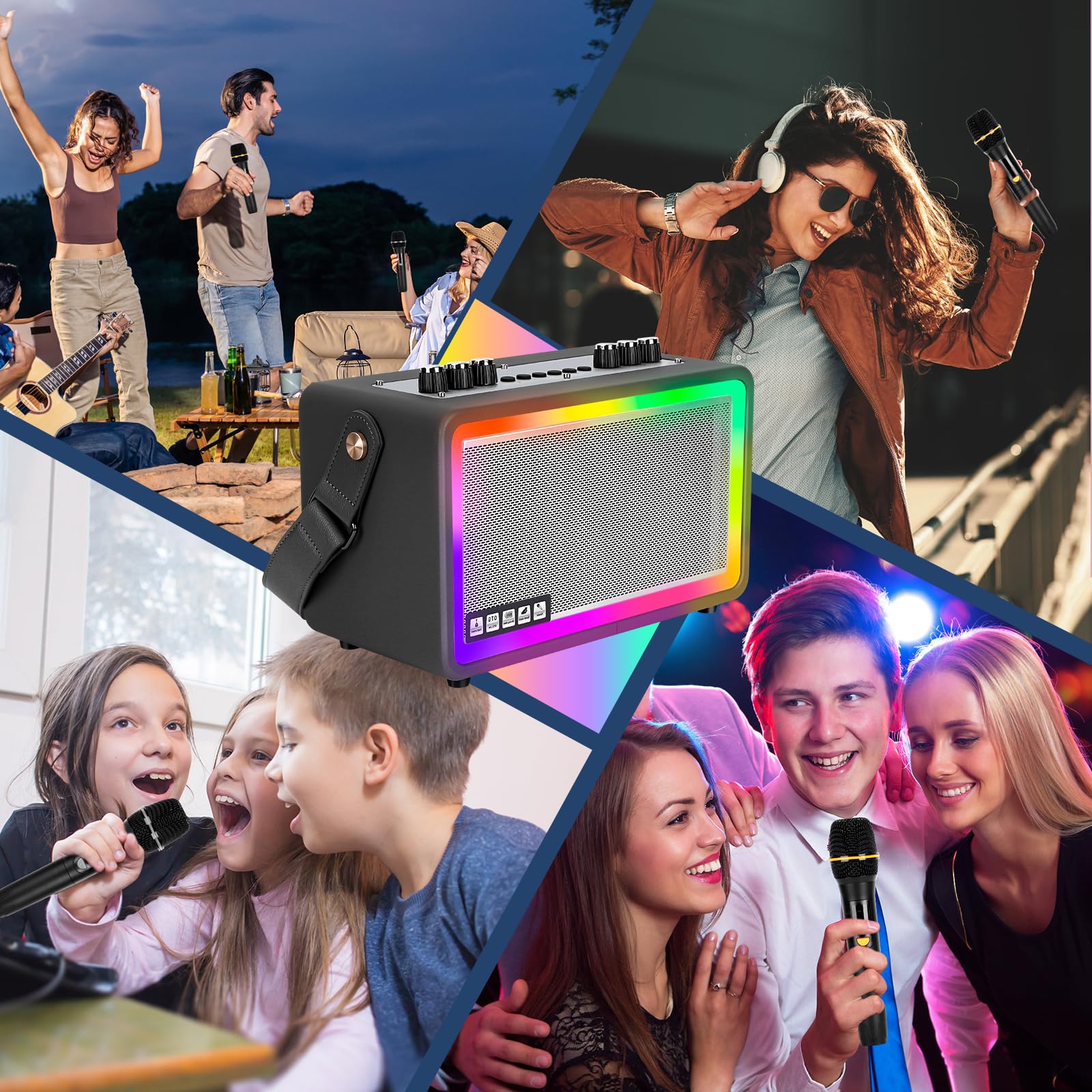 Portable Karaoke Machine with 2 UHF Wireless Microphones - Bluetooth Speaker for Adults, PA System with Remote Control, Volume Adjustment & LED Lights (Supports TF/USB/AUX/OTG) - Perfect for Home Parties, Outdoor Gatherings & Professional Performances