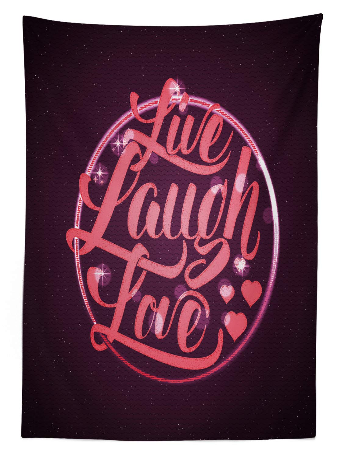 Ambesonne Live Laugh Love Waterproof Outdoor Tablecloth - Hearts & Bokeh Design with Inspirational Quotes - Washable Picnic Table Cover 58x84 Inches in Salmon/Dark Purple/Red - Perfect for Backyard BBQs, Picnics & Outdoor Parties