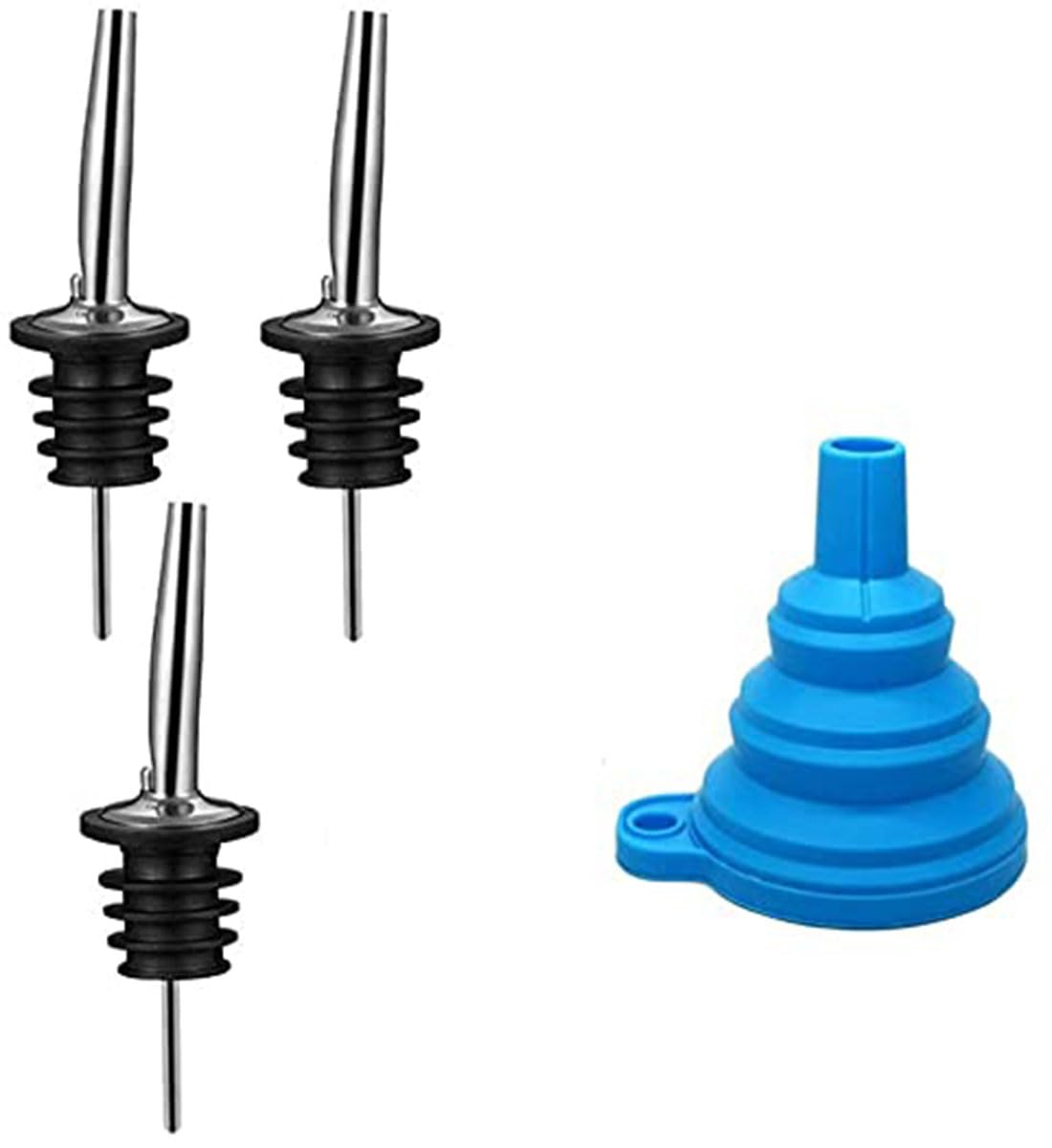 Premium Stainless Steel Liquor Pourers & Vinegar Spouts - 3-Piece Set with Funnel for Fast, Drip-Free Pouring - Perfect for Bars, Restaurants, and Home Cocktail Making