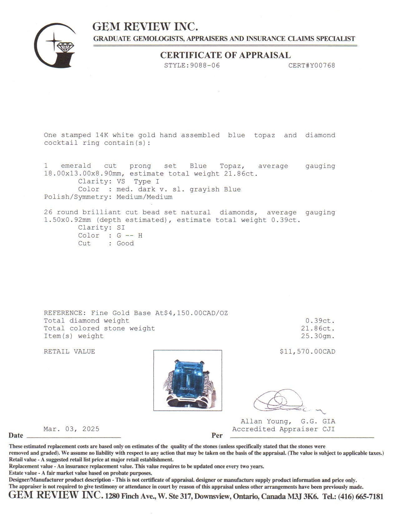 14K Gold Emerald Cut Blue Topaz & Diamond Cocktail Ring - 21.86ct Topaz & 0.39ctw Diamonds - Size 9 - Elegant Evening Wear & Special Occasion Jewelry Gift