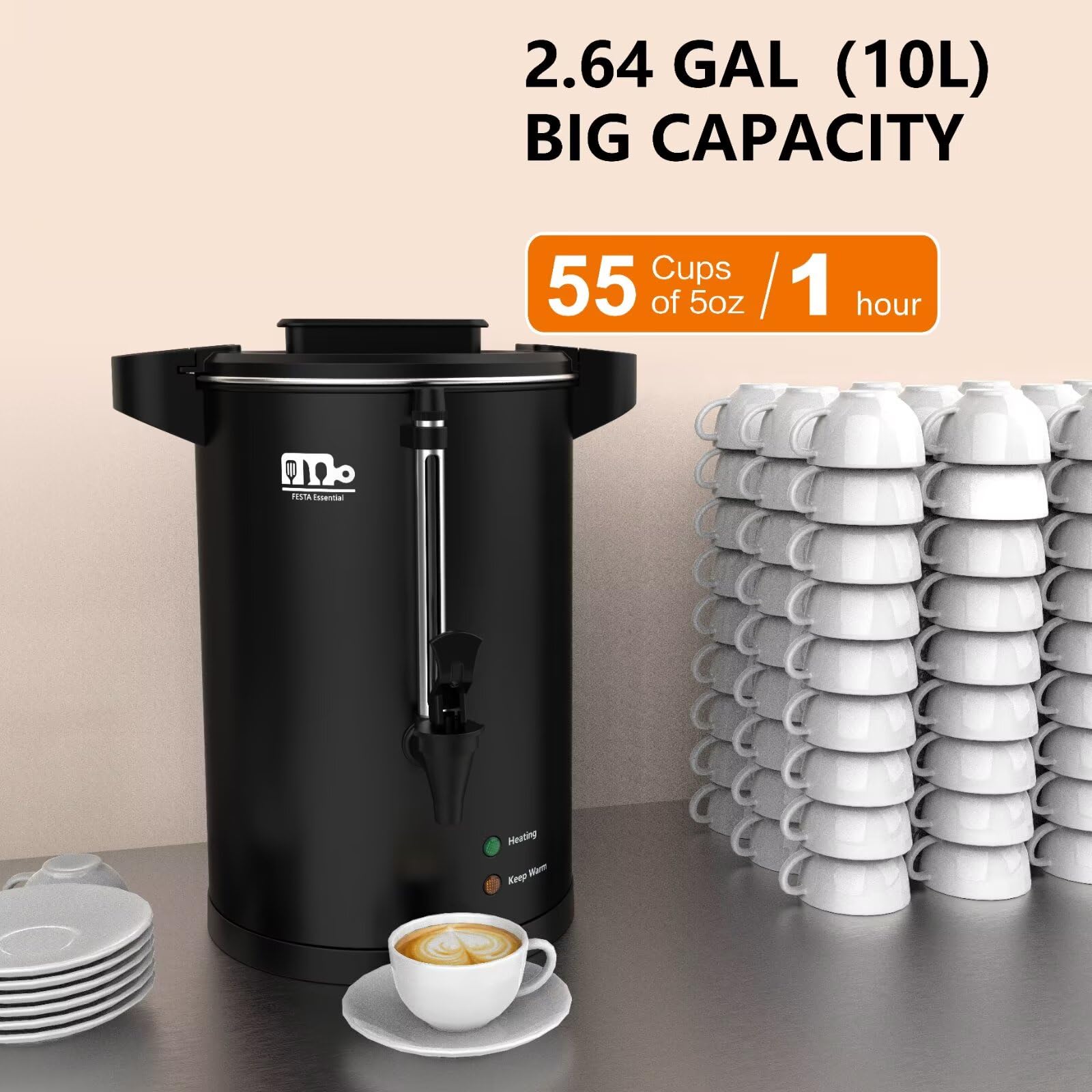 55-Cup 10L Commercial Coffee Urn - 750W Stainless Steel Large Percolator Coffee Maker with Double Dripless Faucet | Fast Brewing for Catering, Events & Offices | Festa Essential Black Hot Water Dispenser