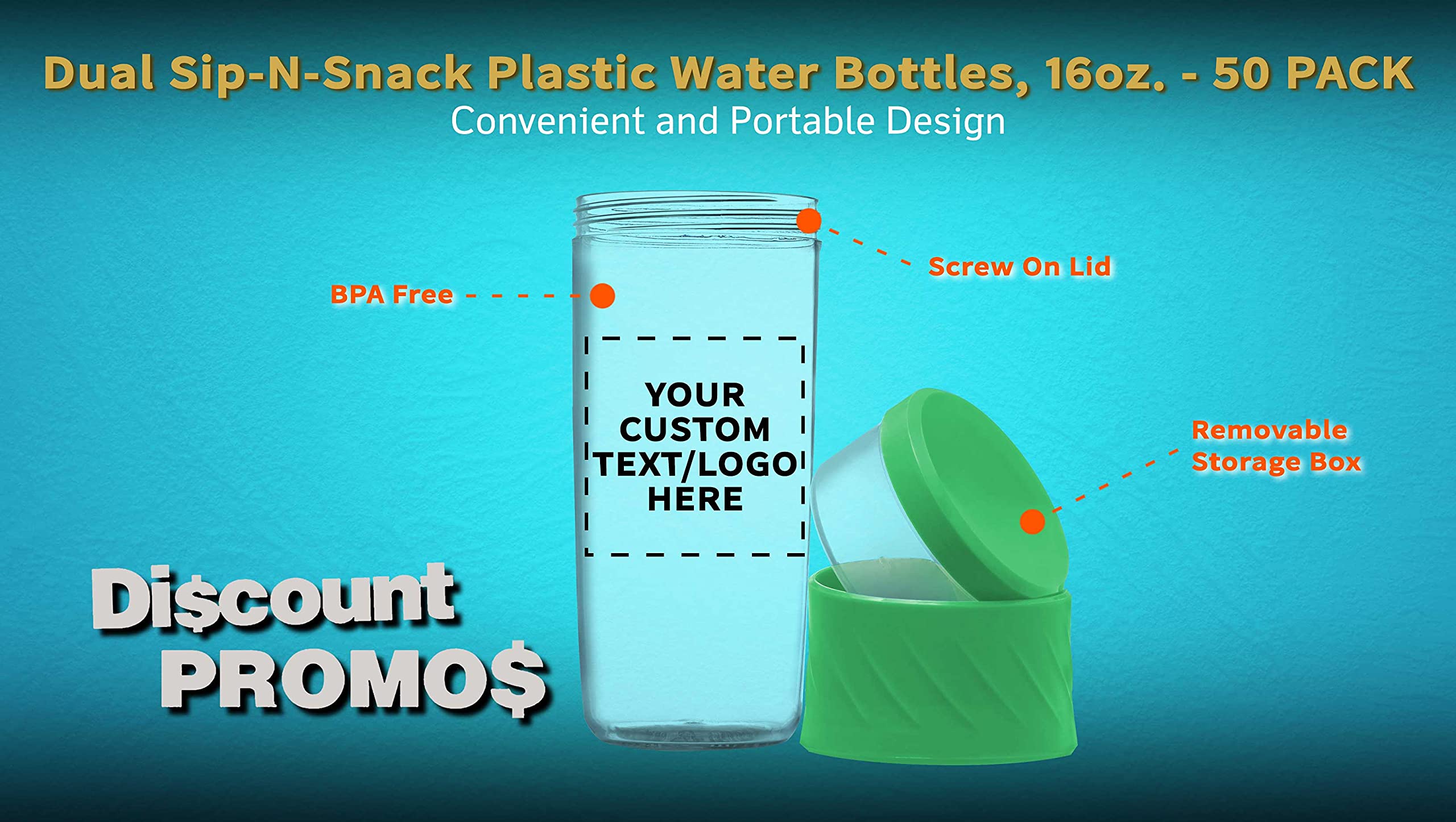 50 Pack 16oz BPA-Free Dual Sip-N-Snack Plastic Water Bottles with Screw-On Lids - Customizable Text & Logo - Bulk Reusable Drinkware for Schools, Sports Teams, Corporate Events & Outdoor Activities
