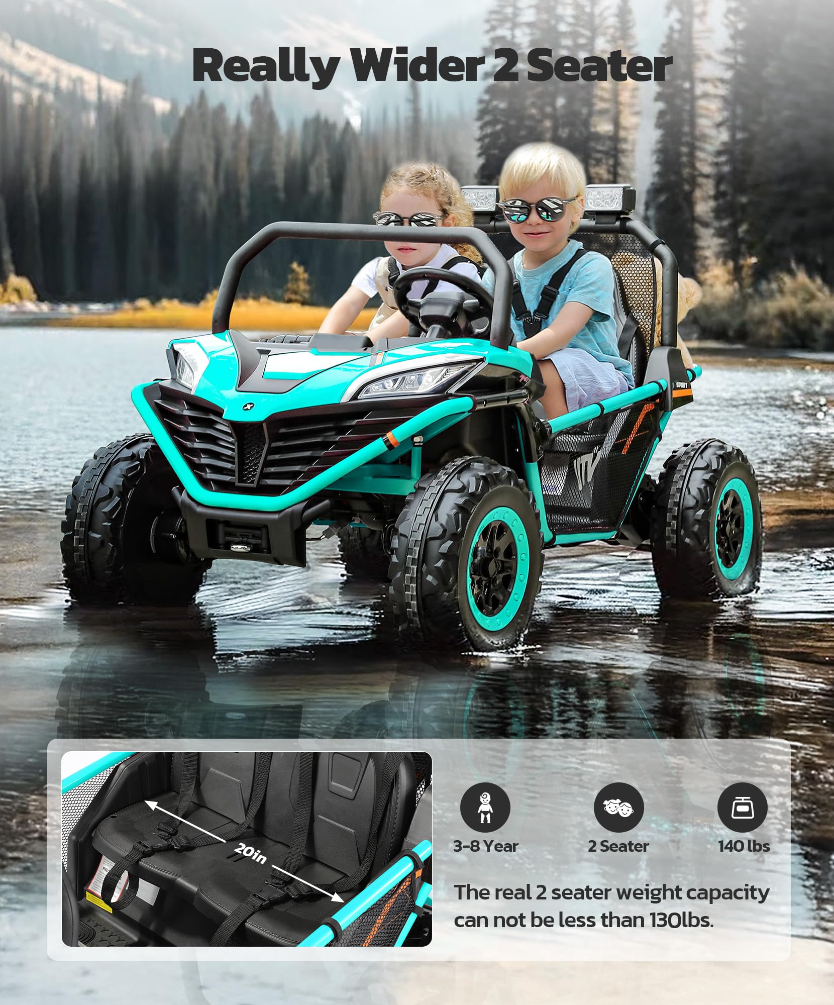 ELEMARA 24V 10AH 2 Seater Kids Electric Ride On Car - 4WD UTV Toy Truck with Remote Control, Bluetooth, LED Lights & 3 Speed Settings | Spring Suspension, Soft Seats & Storage Compartment | Perfect for Outdoor Play, Birthday Gifts & Family Fun (Green)