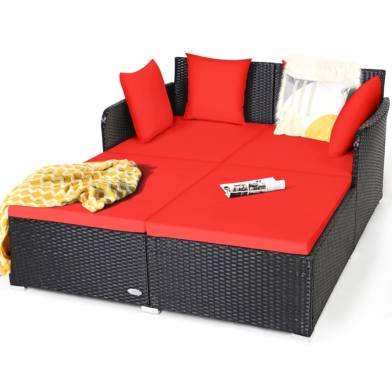 Outdoor Rattan Daybed Patio Loveseat Sofa Set with Padded Cushions & Sturdy Aluminum Frame - Wicker Patio Furniture for Garden, Porch, Poolside - Perfect for Relaxing, Sunbathing & Outdoor Entertaining