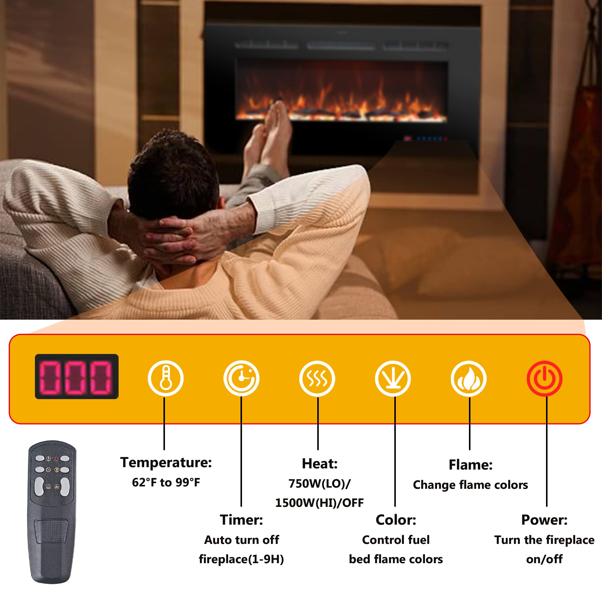 Rodalflame 30 Inch Electric Fireplace Insert - Recessed & Wall Mounted Indoor Heater with Remote, 13 Color Flame Effects (Log & Crystal), 9H Timer, 750W/1500W - Perfect for Living Rooms, Bedrooms & Home Offices