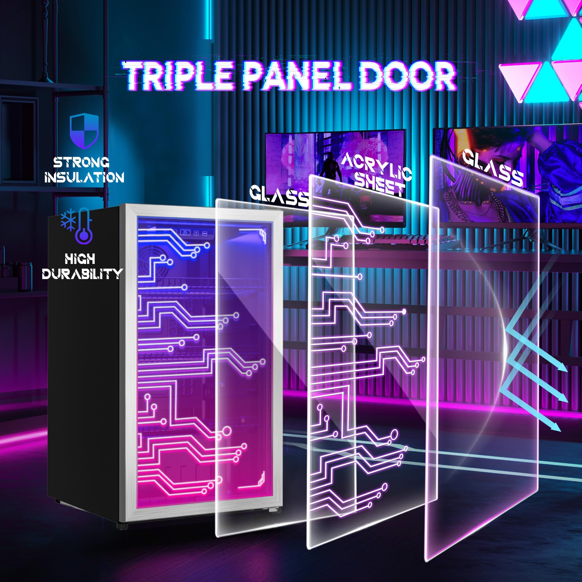LED Gaming Beverage Refrigerator - 120 Can Freestanding Drink Cooler with Cyberpunk Lighting for Gaming Room, Bar, Party & Home Entertainment | Energy Efficient Mini Fridge for Soda, Beer & Energy Drinks | Perfect for Man Cave, Game Nights & Social Gatherings