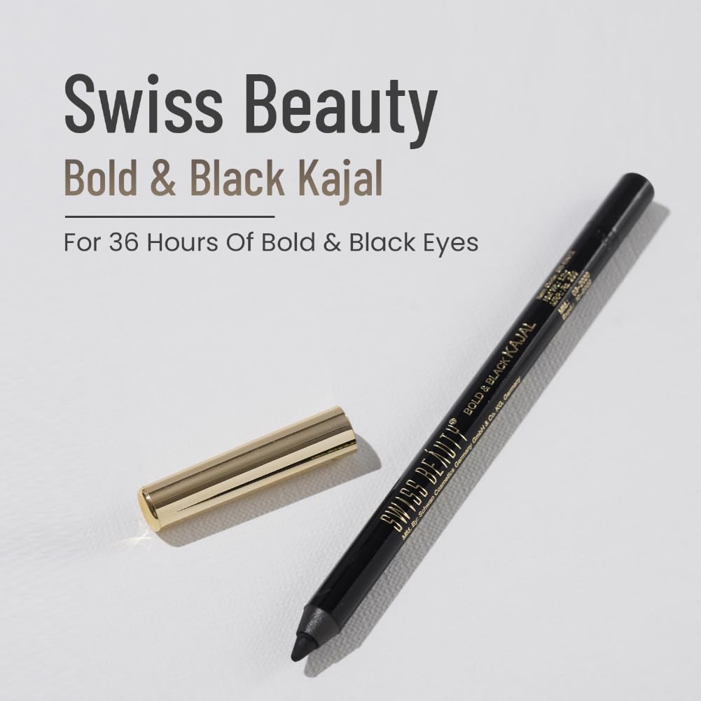 Swiss Beauty Bold & Black Kajal Eyeliner - 24 Hour Long Wear, Smudge-Proof & Waterproof Eye Makeup - Intense Black Pigment (1.2g) - Perfect for Everyday Use, Party Looks & Dramatic Eye Makeup