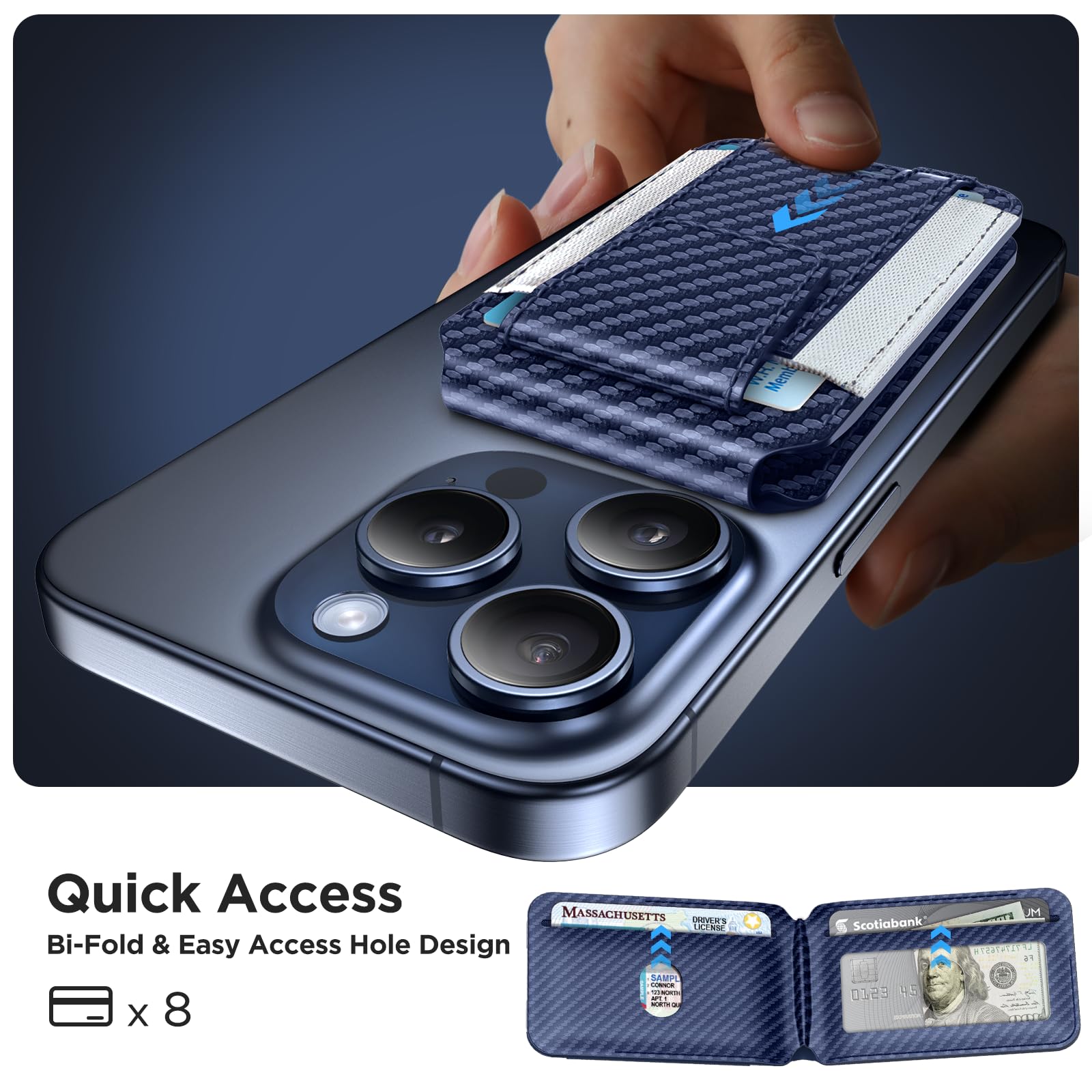 Miracase Magnetic Wallet for iPhone 16/15/14/13/12 Series - Slim RFID Blocking Card Holder with Adjustable Stand & Safety Flap | 6-8 Card Capacity | Compatible with MagSafe | Blue Carbon Fiber Design | Perfect for Daily Use, Travel & Business Meetings