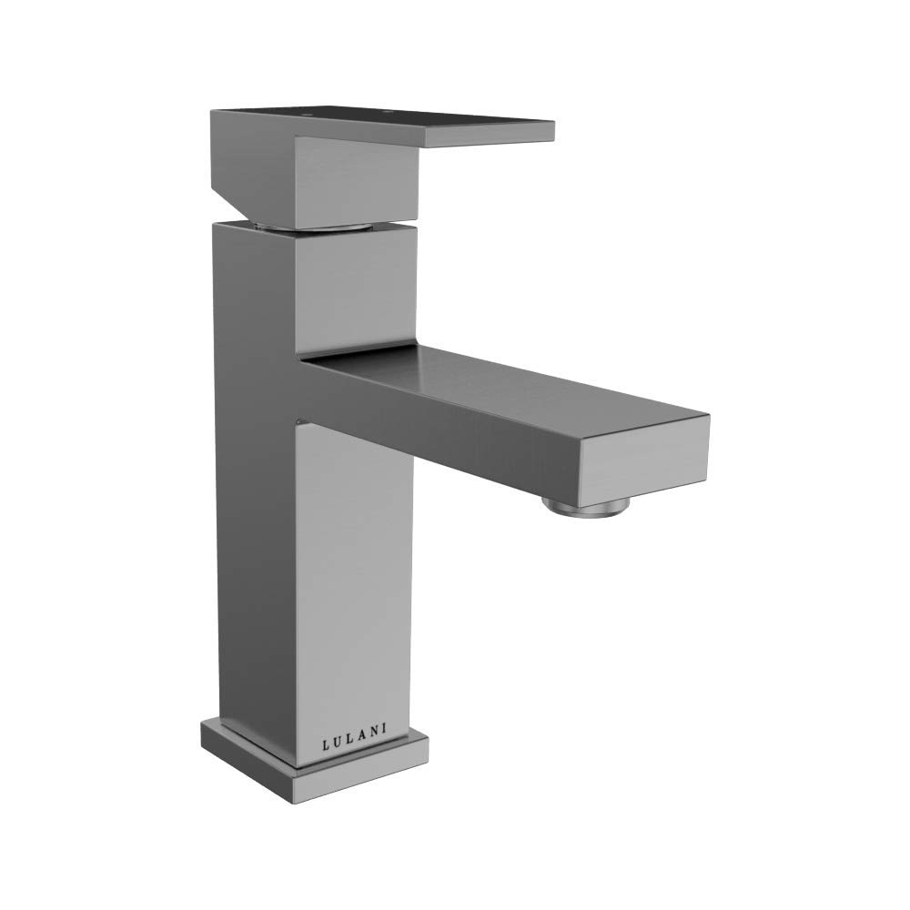 Lulani Santorini Brushed Stainless Steel Single Hole Bathroom Sink Faucet with Drain Assembly - Perfect for Modern Bathroom Vanity, Powder Room & Guest Bath Installation