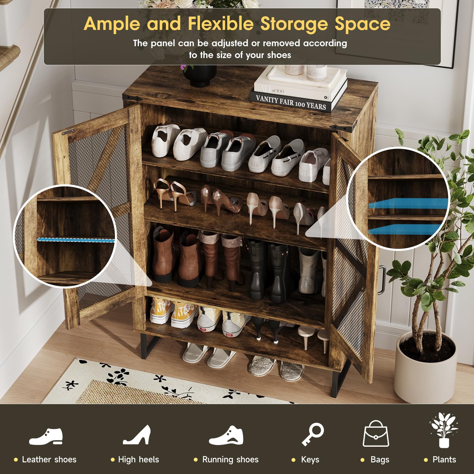 Maupvit 6-Tier Farmhouse Shoe Cabinet with Doors - Adjustable Shelves & Sturdy Metal Legs, Rustic Entryway Storage Organizer for Hallway, Closet & Living Room | Perfect for Small Spaces & Home Organization