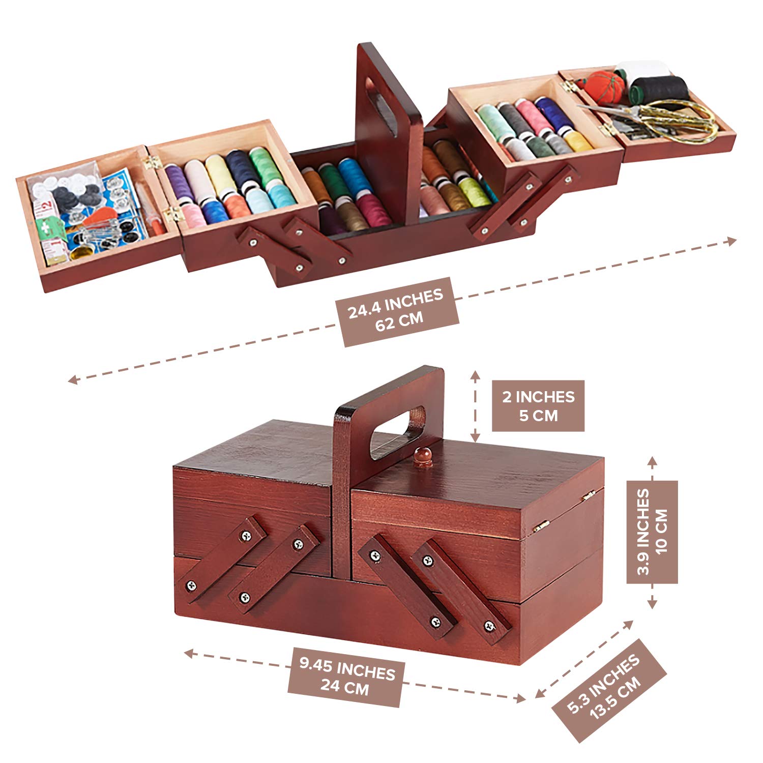 PRIMO SUPPLY Expandable Wooden Sewing Box with Handle - Organizer for Thread Spools, Embroidery Kits & Quilting Supplies - Portable Sewing Storage Basket for Crafters & DIY Enthusiasts - Perfect for Home Sewing Rooms, Craft Studios & Travel Projects