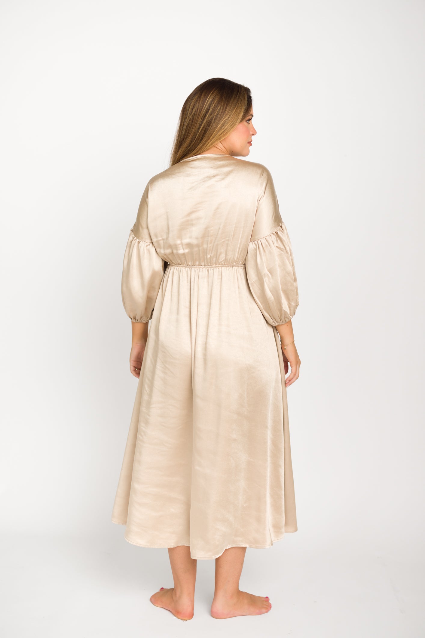 Hunter Premium Satin Midi Dress in Champagne - Bump Friendly Maternity Dress for Special Occasions & Pregnancy Photoshoots