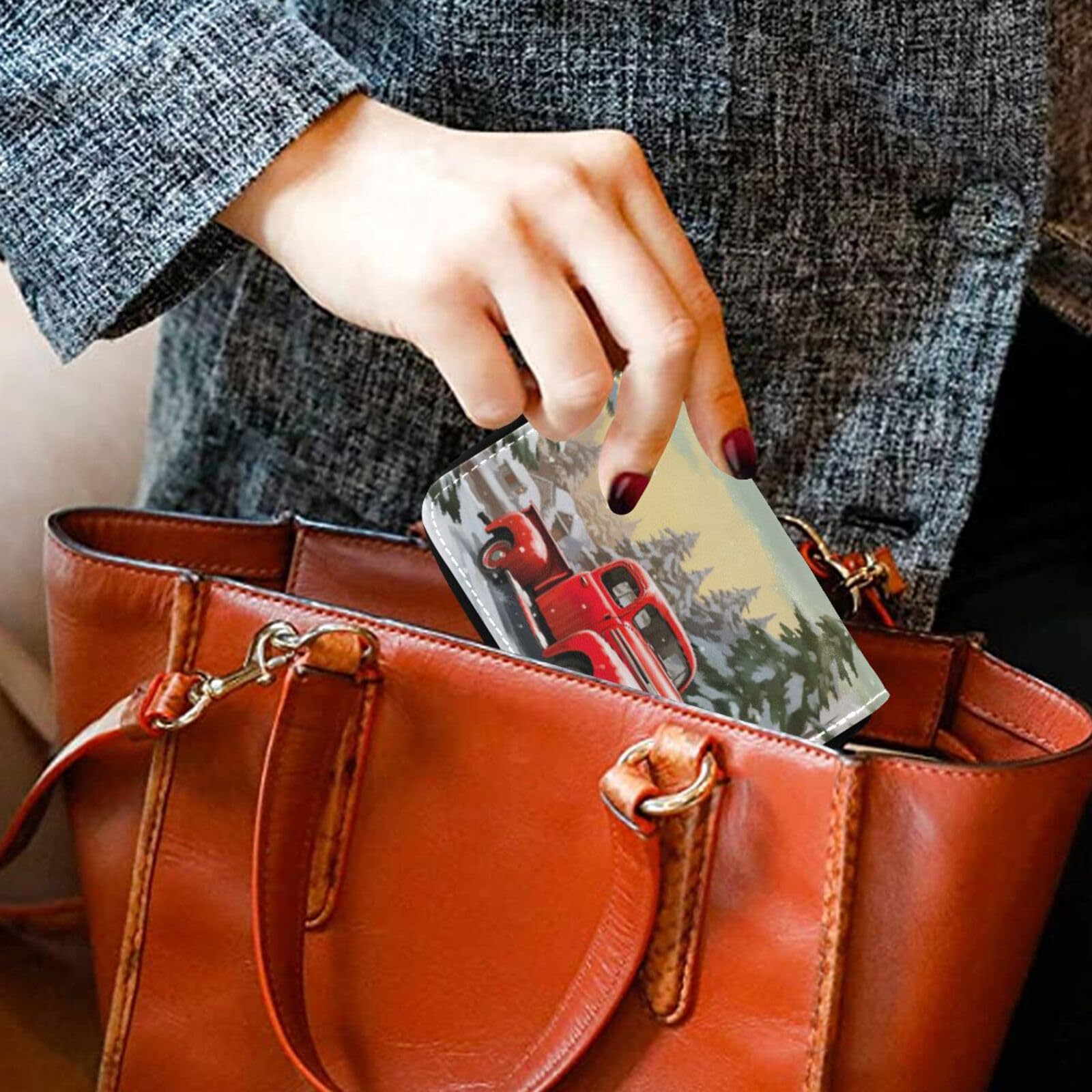 Premium Leather Credit Card Holder - Christmas Tree & Red Truck Design - Zipper Wallet & ID Card Case - Perfect for Holiday Gifts, Travel & Everyday Use (20847518)
